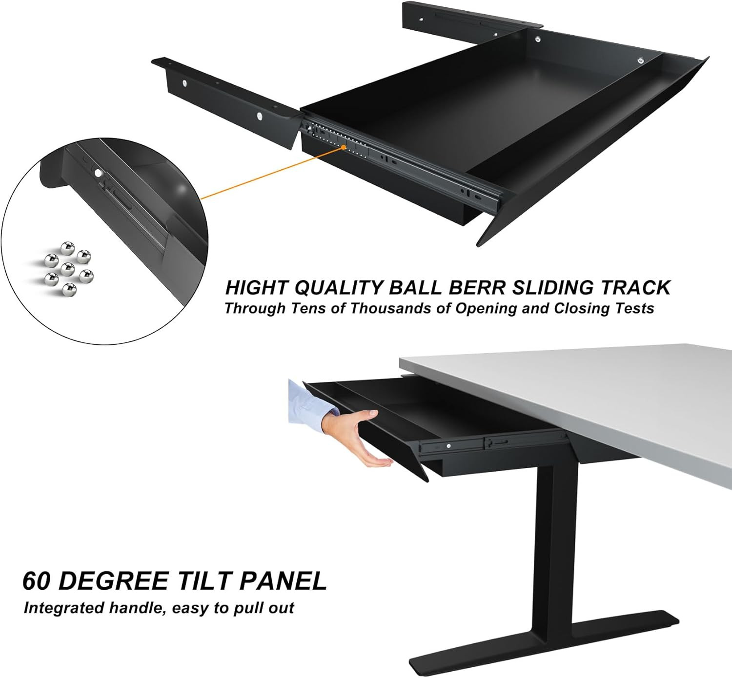 Large under Desk Mounted Sliding Drawer with Pencil Tray and 60 Degree Tilt Pane