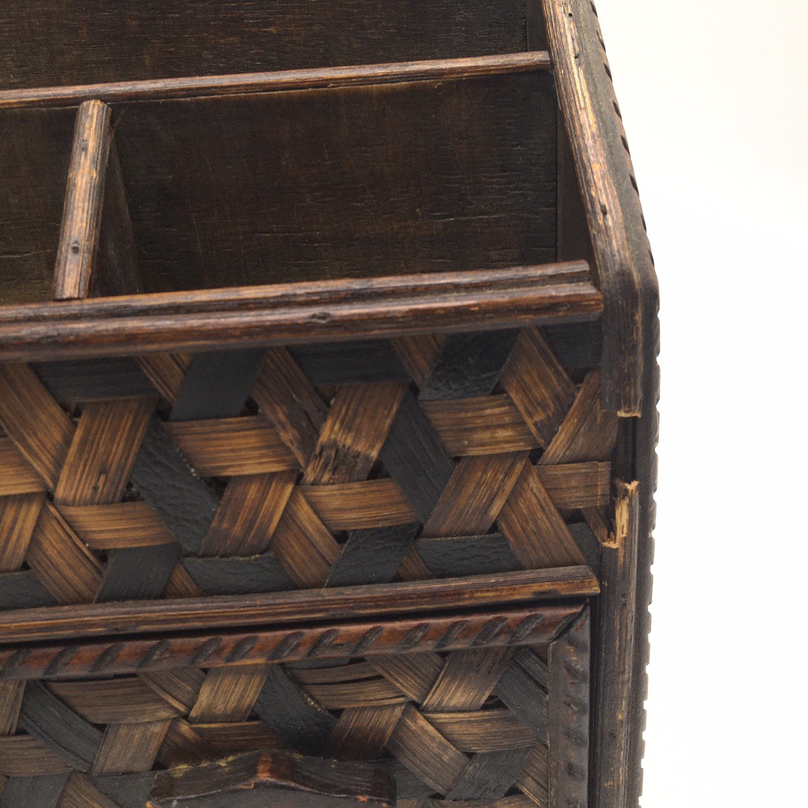 Vtg Wood + Woven Bamboo Desk Organizer Divider 2 Drawers Letter Holder Utensils