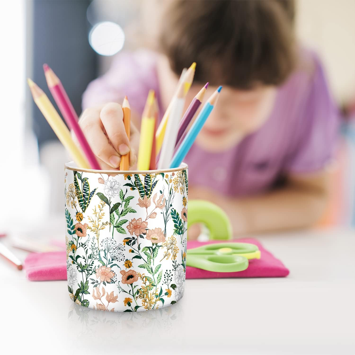 WAVEYU Large Capacity Colored Pen Holder for Desk, Ceramic Pencil Holder Pen Cup