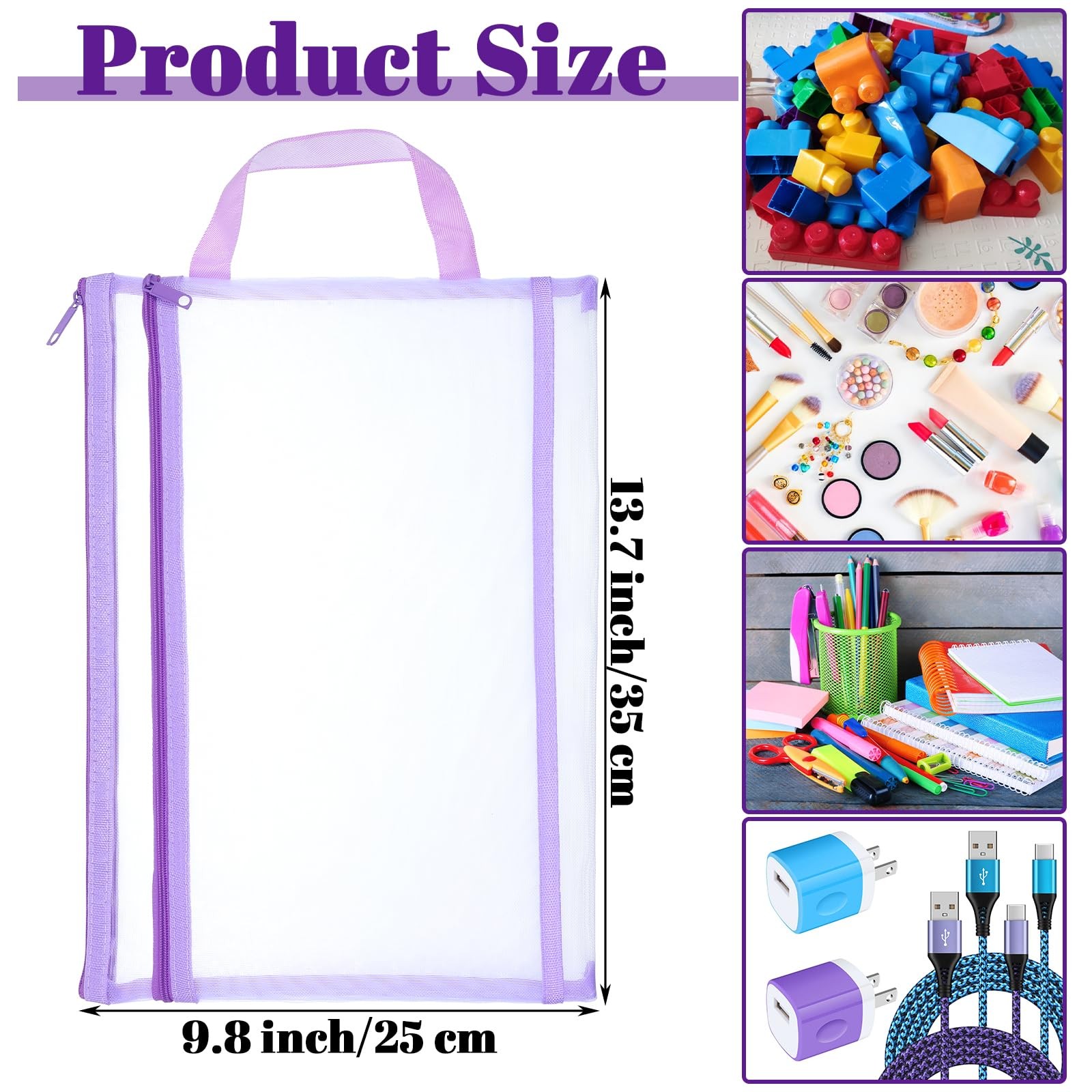 12 PCS Mesh Zipper Pouch Bags DoubleLayer Nylon Document Organizer 6 Colors