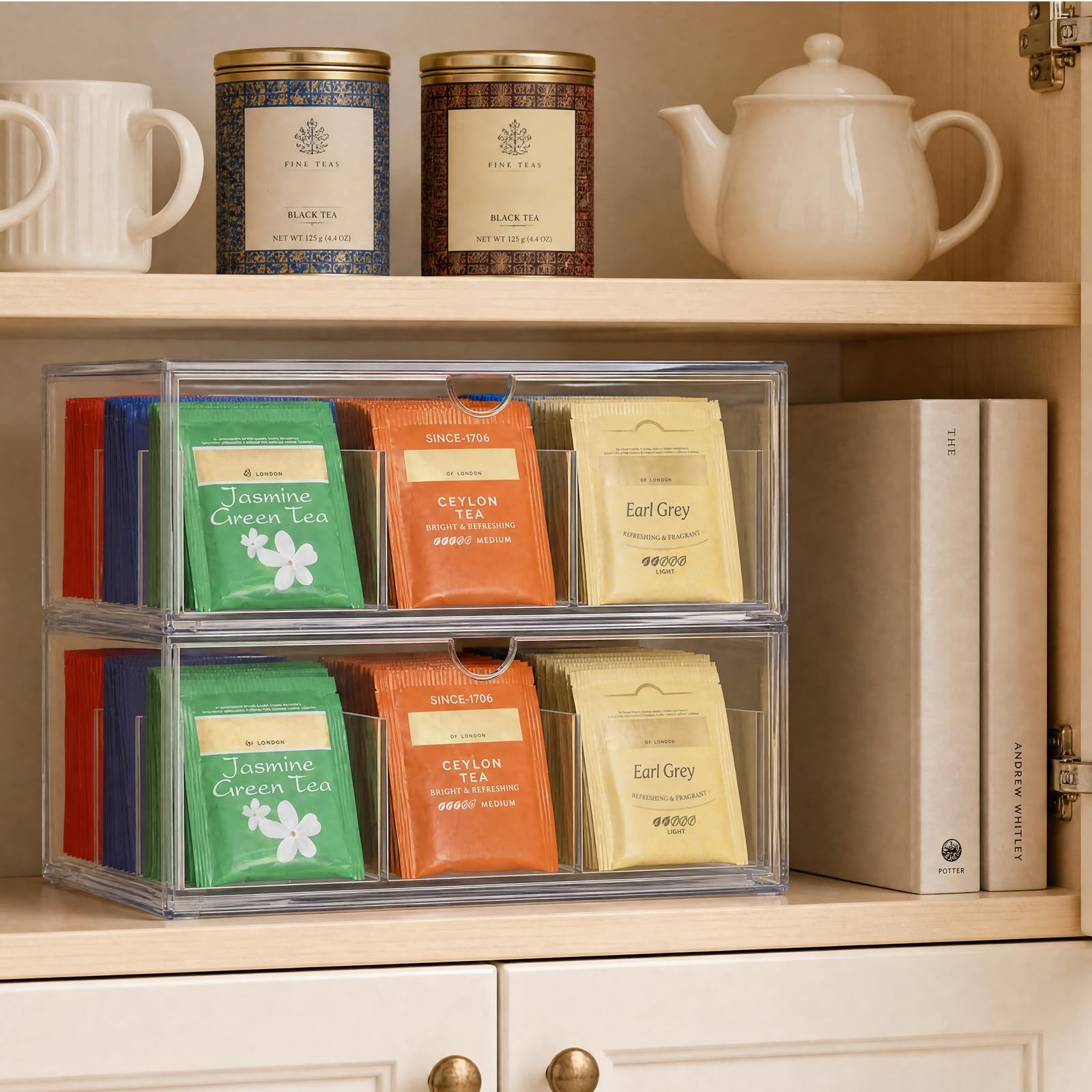ELLDOO 2 Pack Tea Bag Organizer for Countertop, 9 9 Compartments, Clear