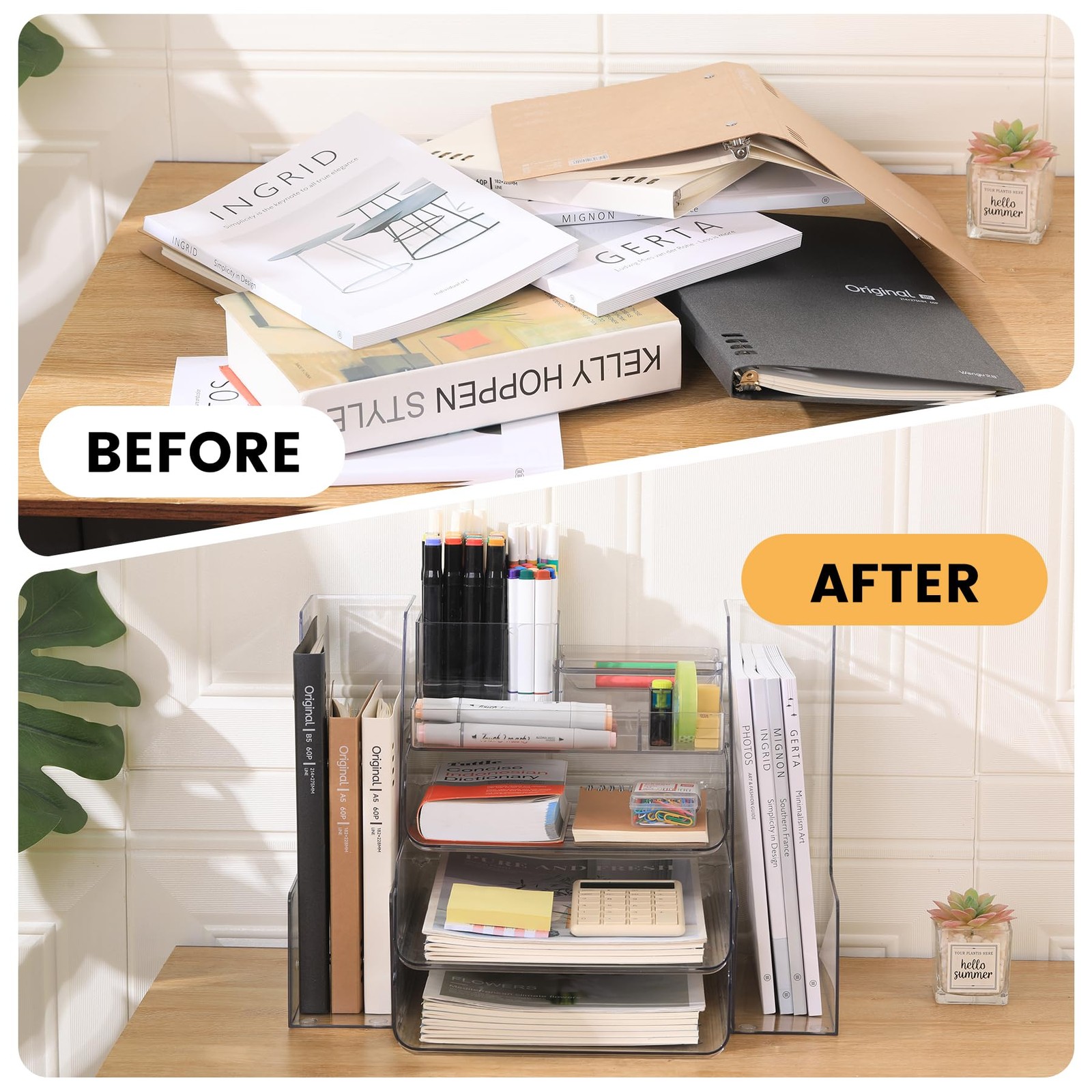 Desk Organizer with 2 Vertical File Holder, 4 Tier Stackable Letter Tray File…