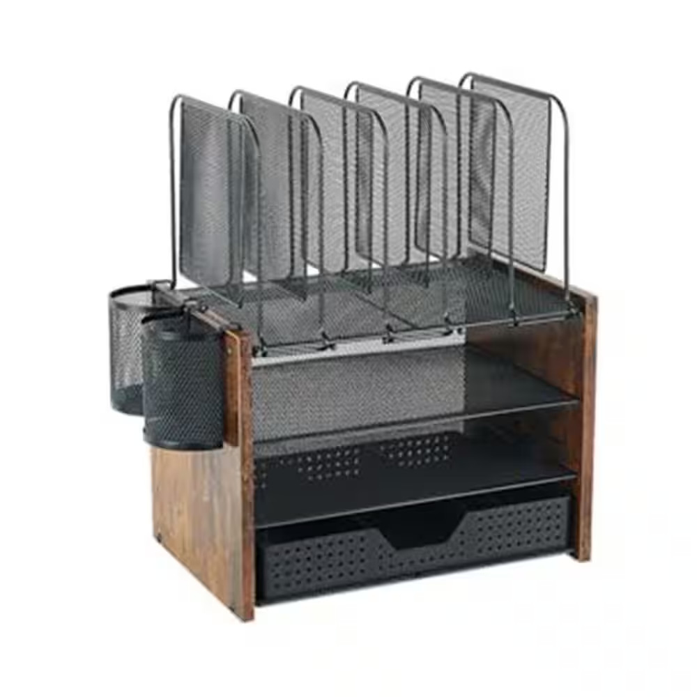4-Tier Mesh Wood Desktop Organizer Shelf Vertical File Holder with Drawer and Pe