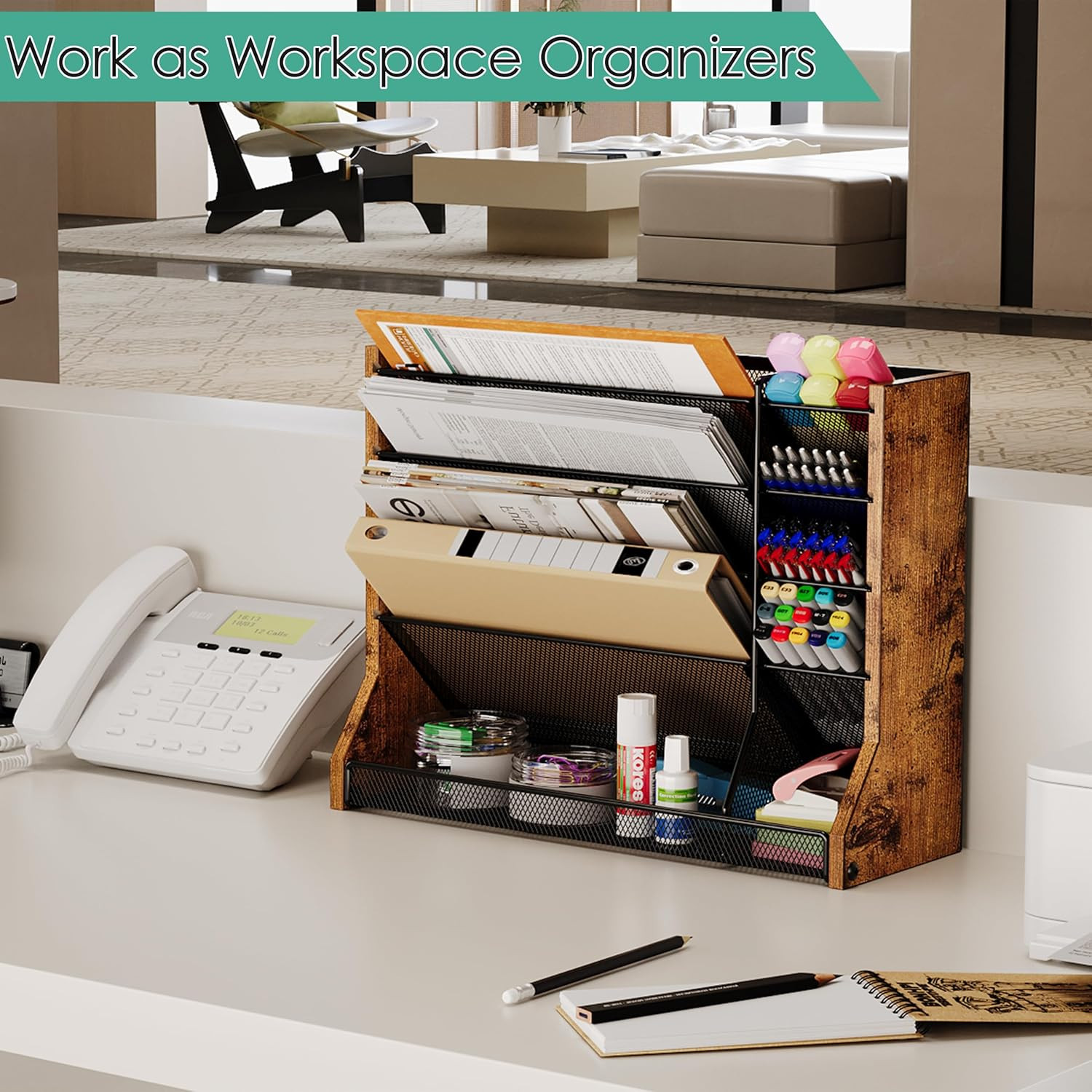 Wall Desk File Organizer 5 Tiers, Ironwood Hanging File Organizer with R-Shaped