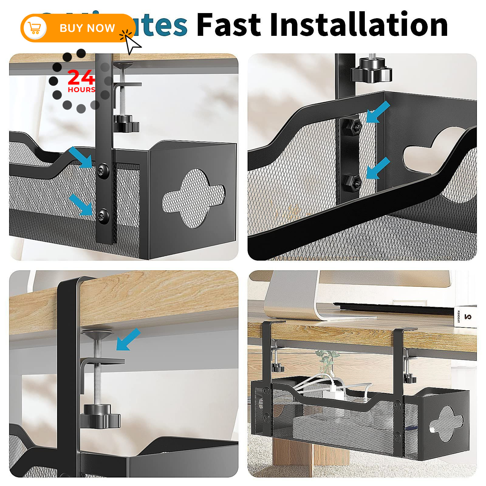 Under Desk Cable Management Tray No Drill, Metal Mesh 13.38″, Black
