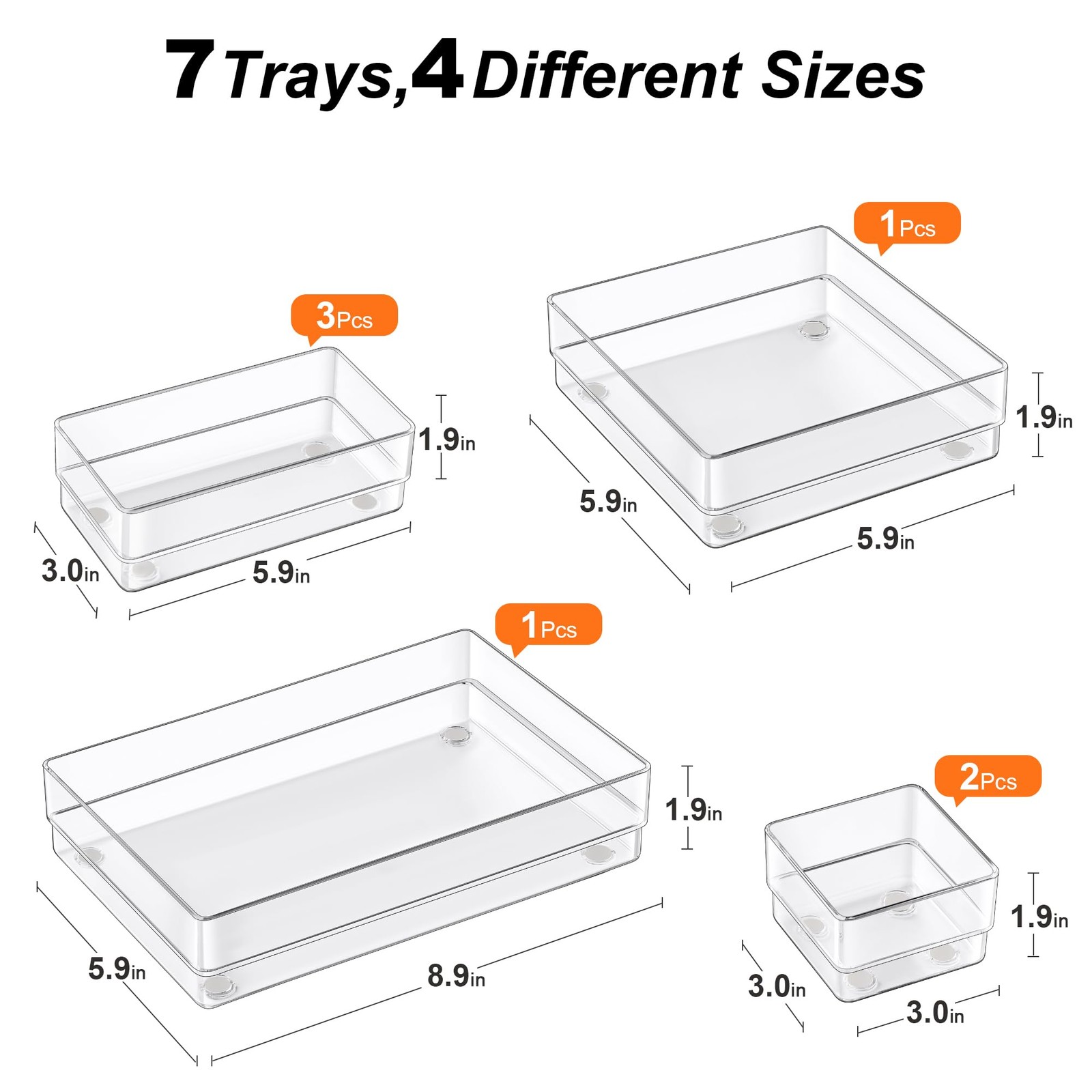 SMARTAKE 7-Piece Drawer Organizer with Non-Slip Silicone Pads, 4-Size Clear