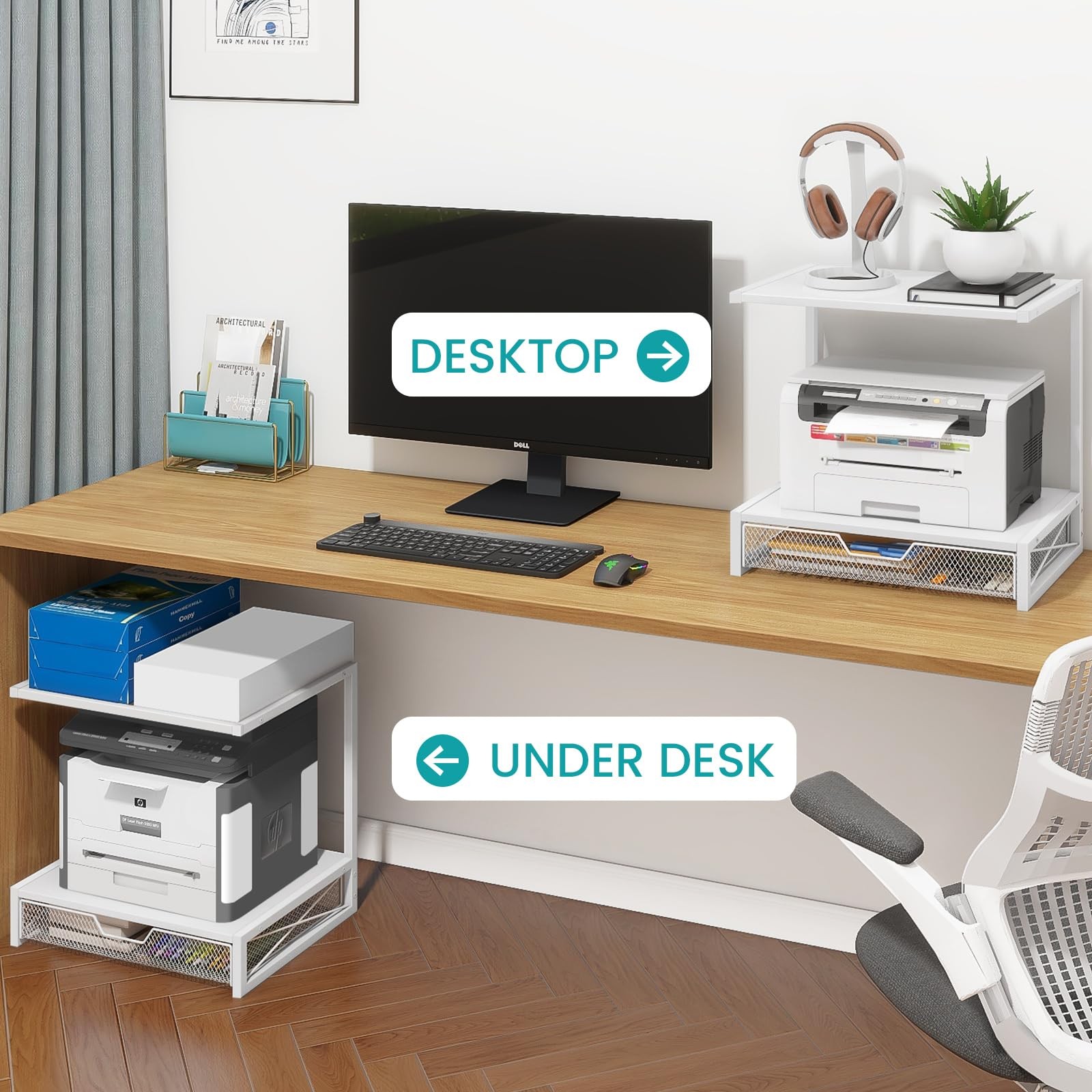 ELITEROO Printer Stand for Desk with Storage Drawer, 2 Tier White Drawer