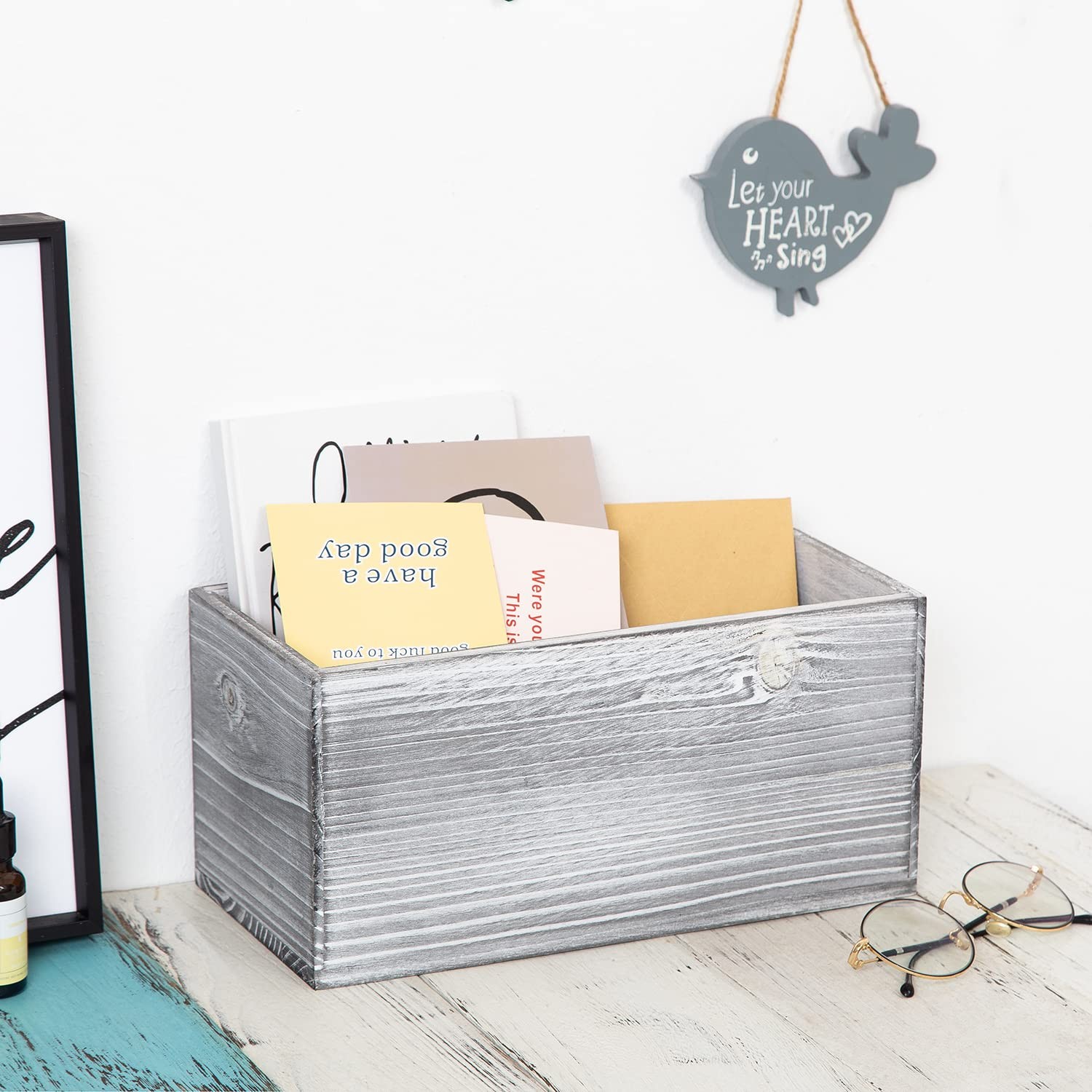 Rustic Gray Wood Mail Box Storage Holder File Organizer Tabletop Basket Desk