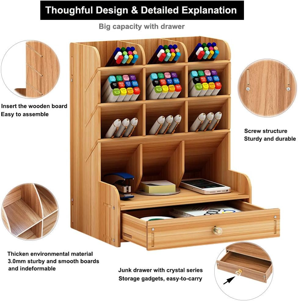 Marbrasse Wooden Desk Organizer, Multi-Functional DIY Pen Holder, Organizer for