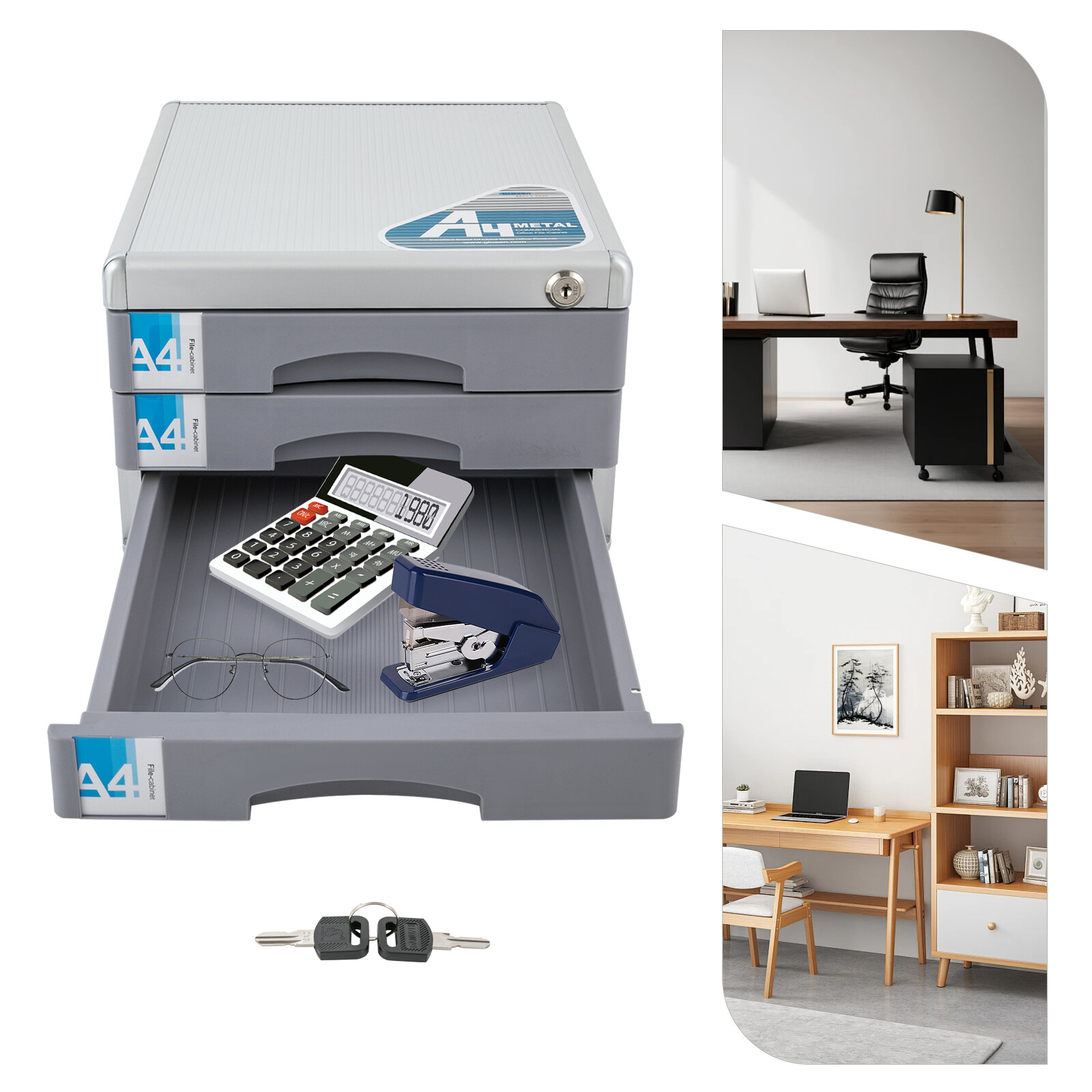 File Box Storage Filing Desk Organizer Locking File Cabinet 3 Drawers for Office