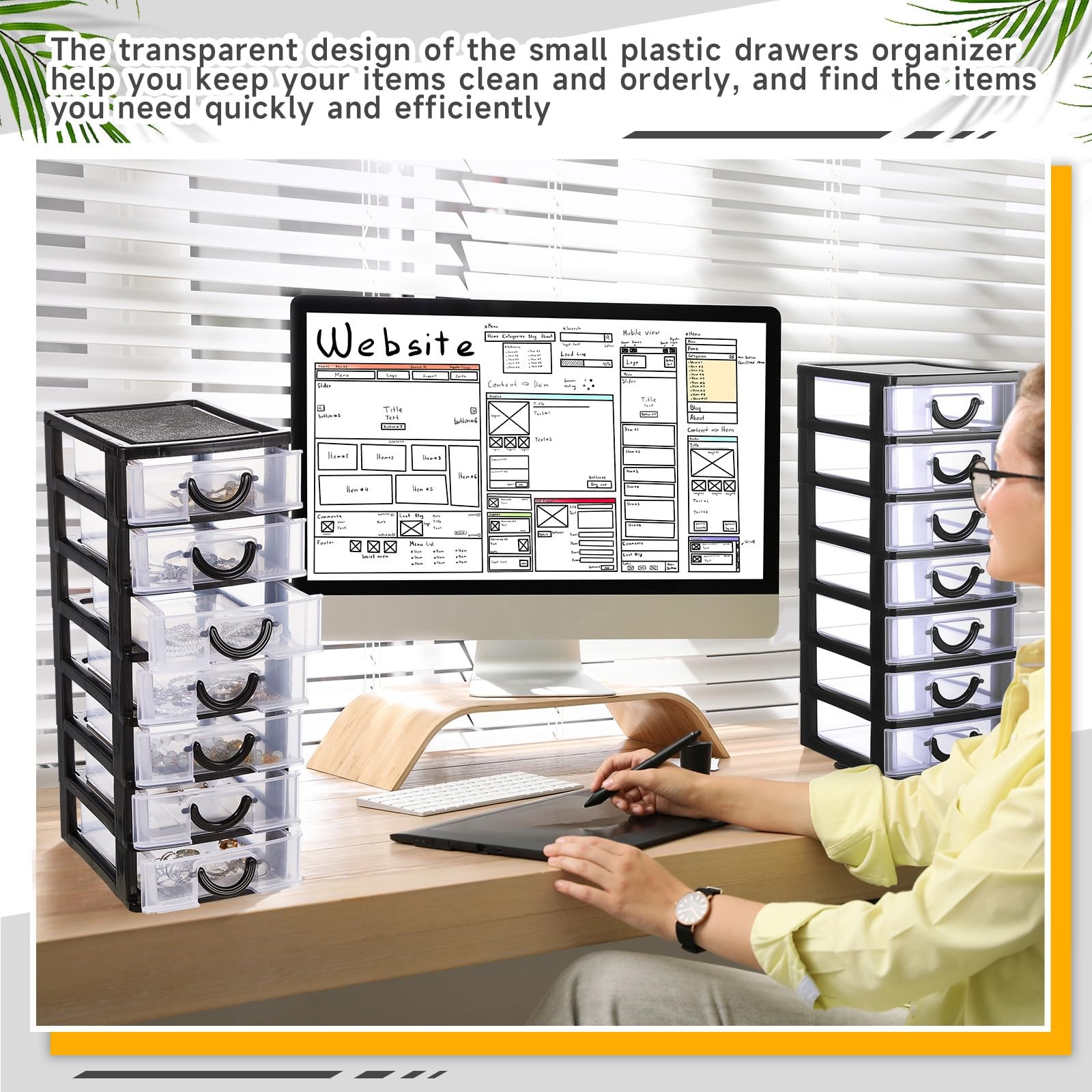Plastic Drawers Organizer 2 PCS Mini Stackable Clear Black 6.7×4.9×13.4 In
