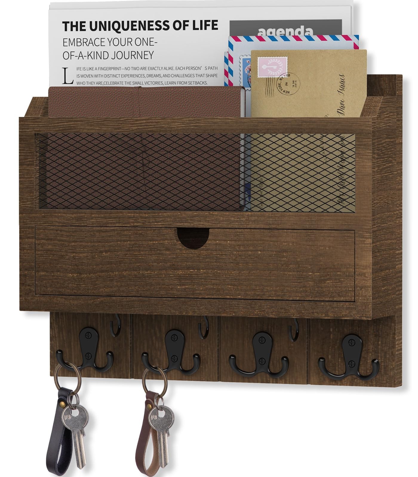 Organizer with Drawer for Wall 12″W x 10″H x 3.1″D Sorter Wall Mounted Wooden…
