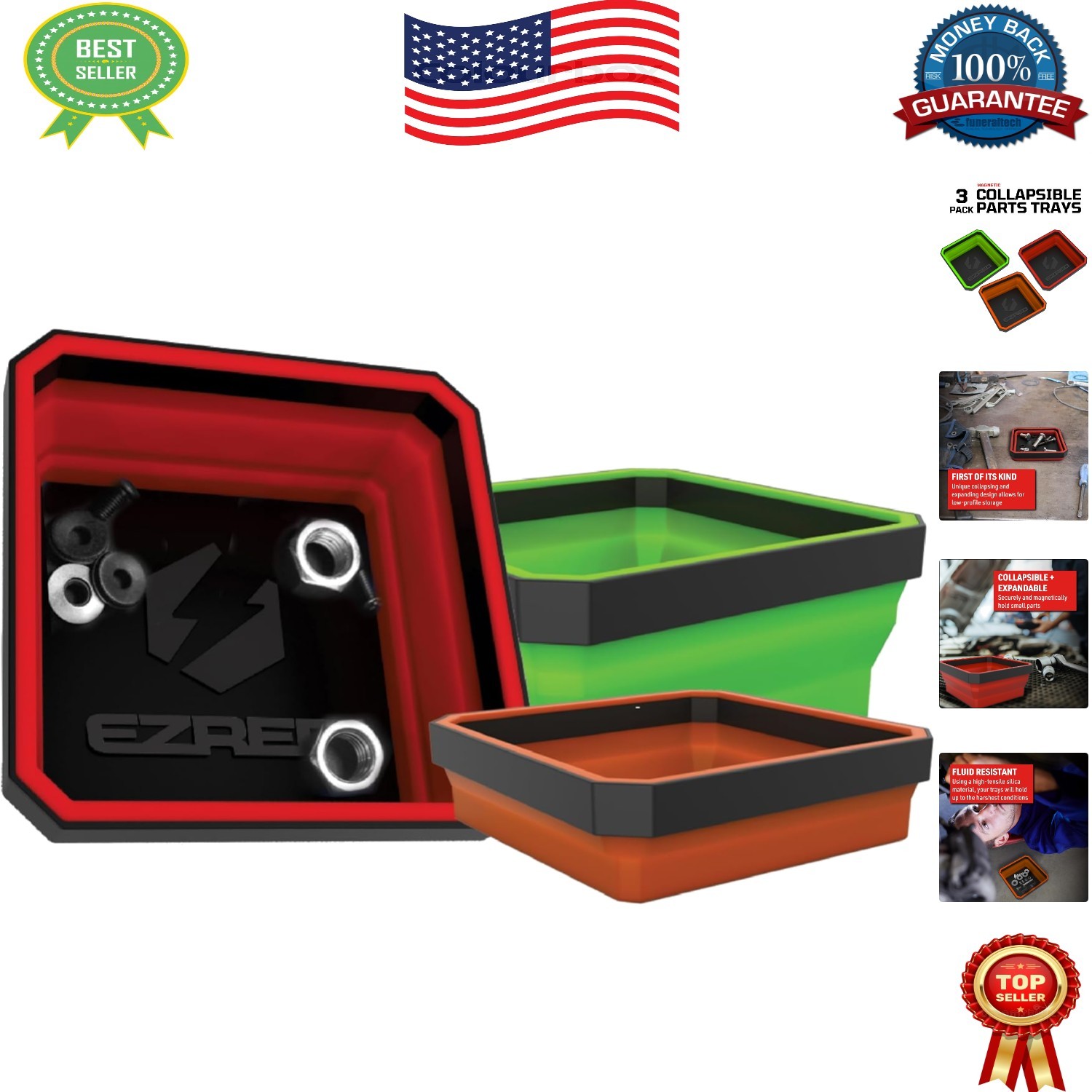 Multicolor EZR EZTRAY Magnetic Parts Trays – Collapsible Design for Easy Storage