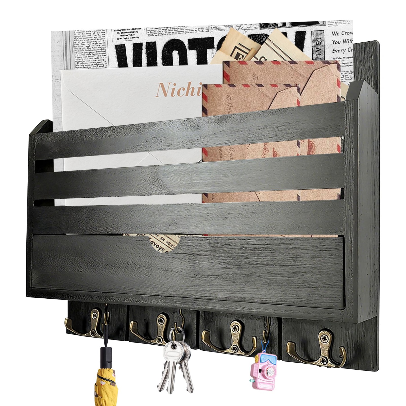 Wooden Wall Mount Key Holder, Multi Hooks Mail Organizer with Storage Box and…