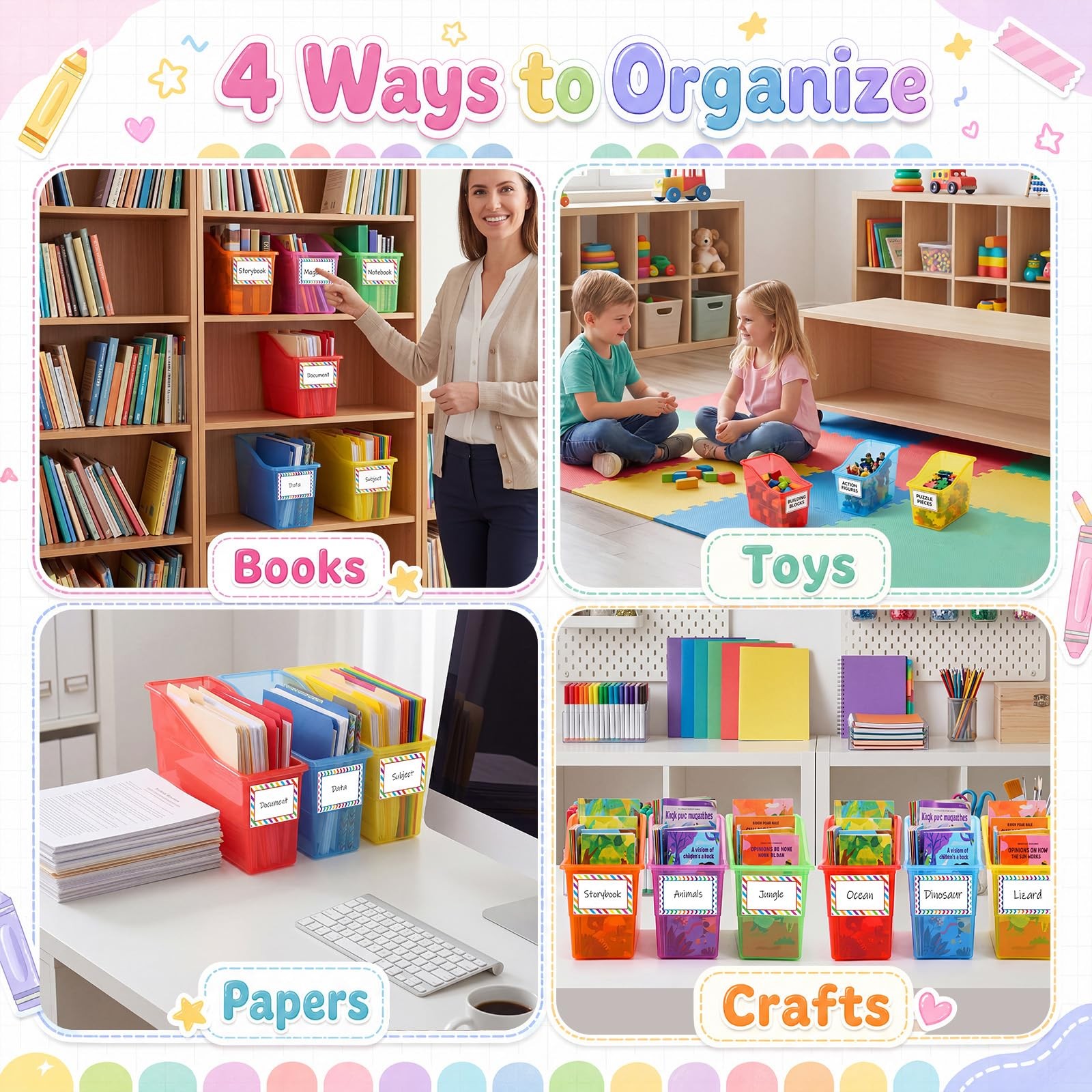 24 Set Book Bins for Classroom with Label Sticker Book Box Baskets Plastic St…