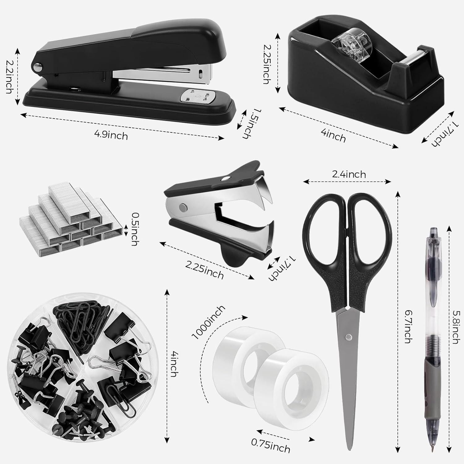 SKYDUE Black Office Supplies Set, Black Desk Accessories, Stapler, Tape Dispense