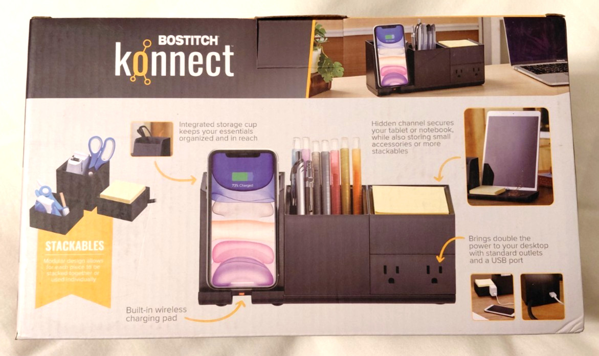 Bostitch Konnect 4pc Wireless Charging Desk Organizer Black NEW