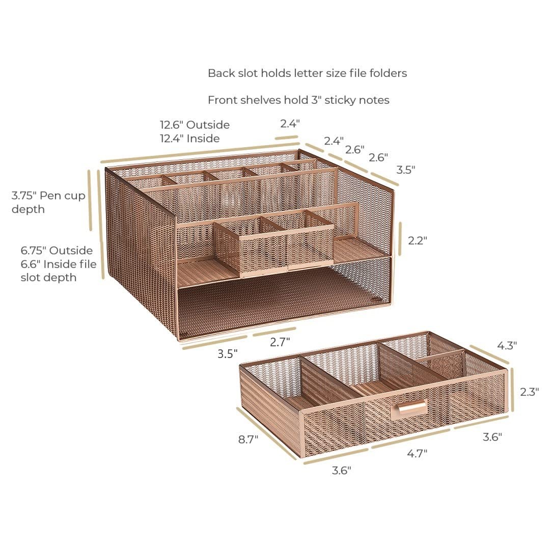 BLU MONACO Large Rose Gold Desk Organizer | 12-Compartment Metal