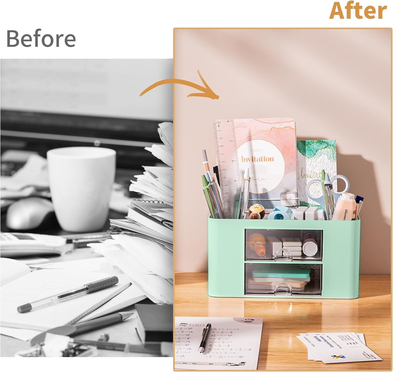 Pen Organizer with 2 Drawer, Multi-Functional Pencil Holder for Desk, Desk Organ