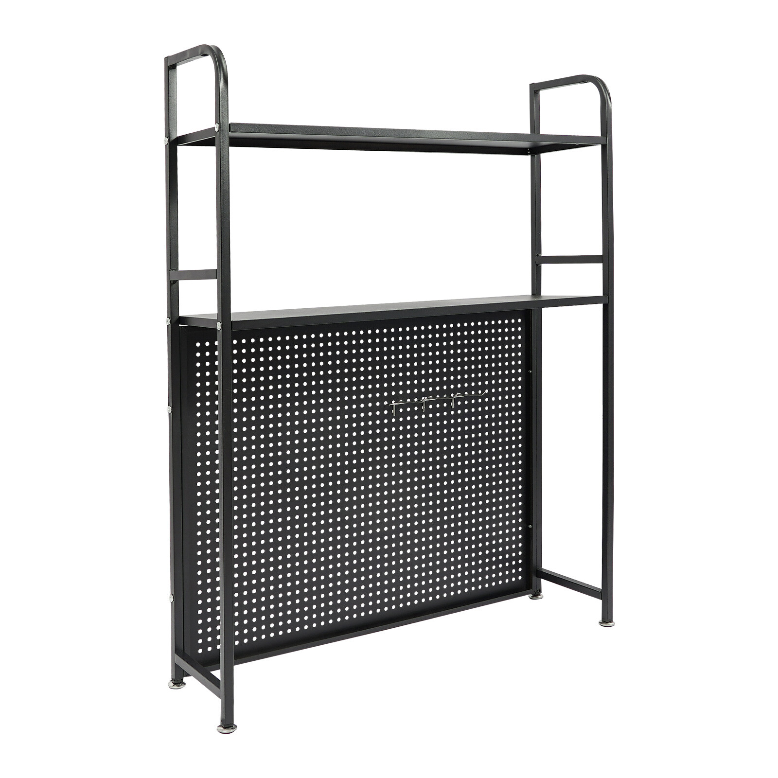 2-Tier Desktop Storage Rack with 3 Hooks, Black Carbon Steel Tabletop Shelf