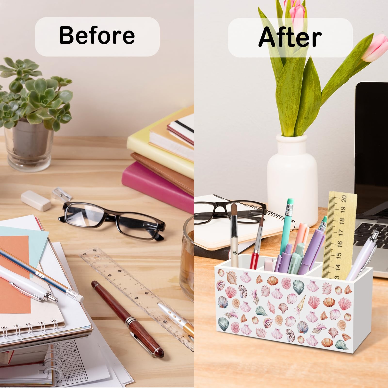 nvucamd Pink Coastal Pen Pencil Holder for Desk, Preppy Beach Seashell Office…