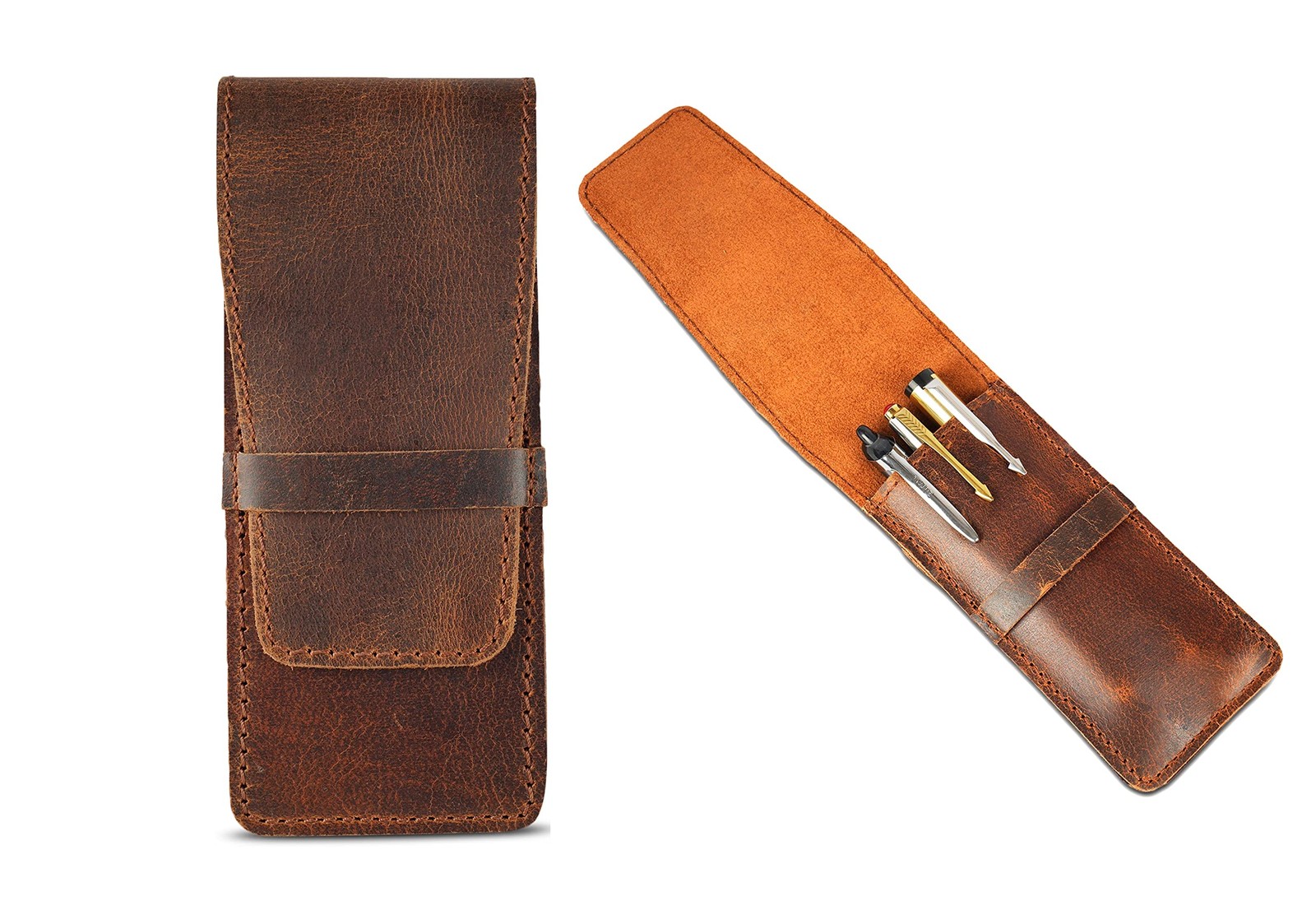 Leather Pen Holder, Genuine 3 Pen Case with Tuck-in Flap, Brown Leather Case …