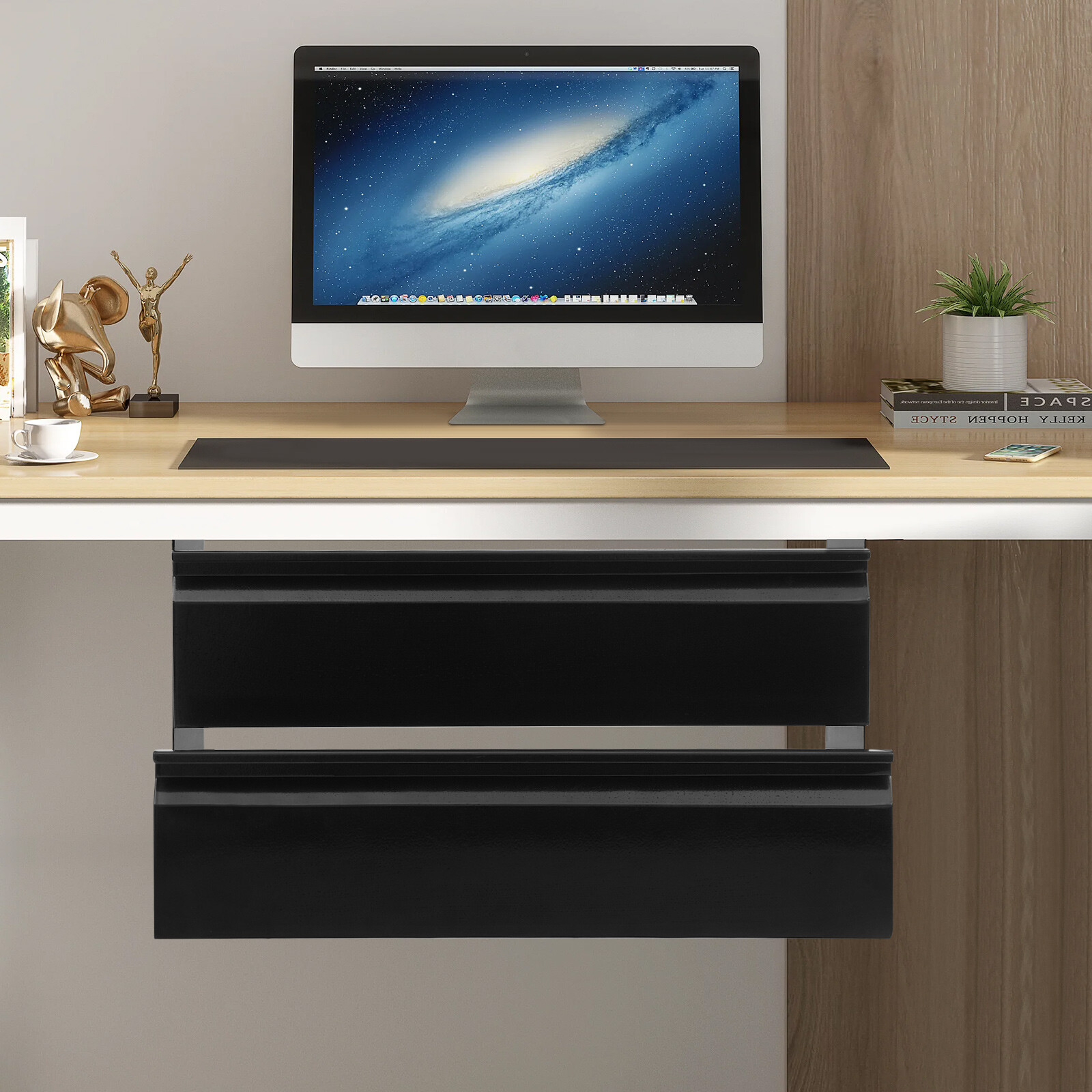 Black Dual Level 16″ Pull Out Under Desk Storage Drawer Set