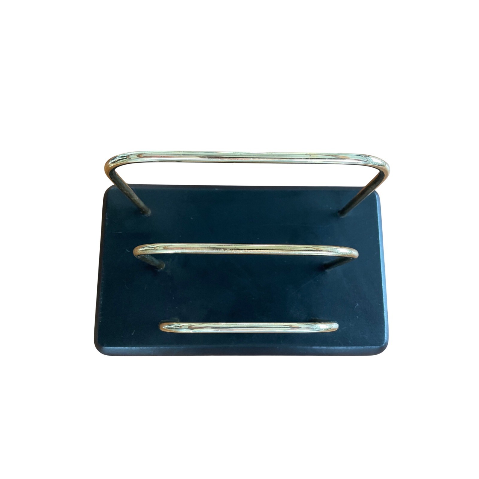 Vintage Tiered Letter Sorter Desk Organizer Gold Wire Black Faux Leather Base