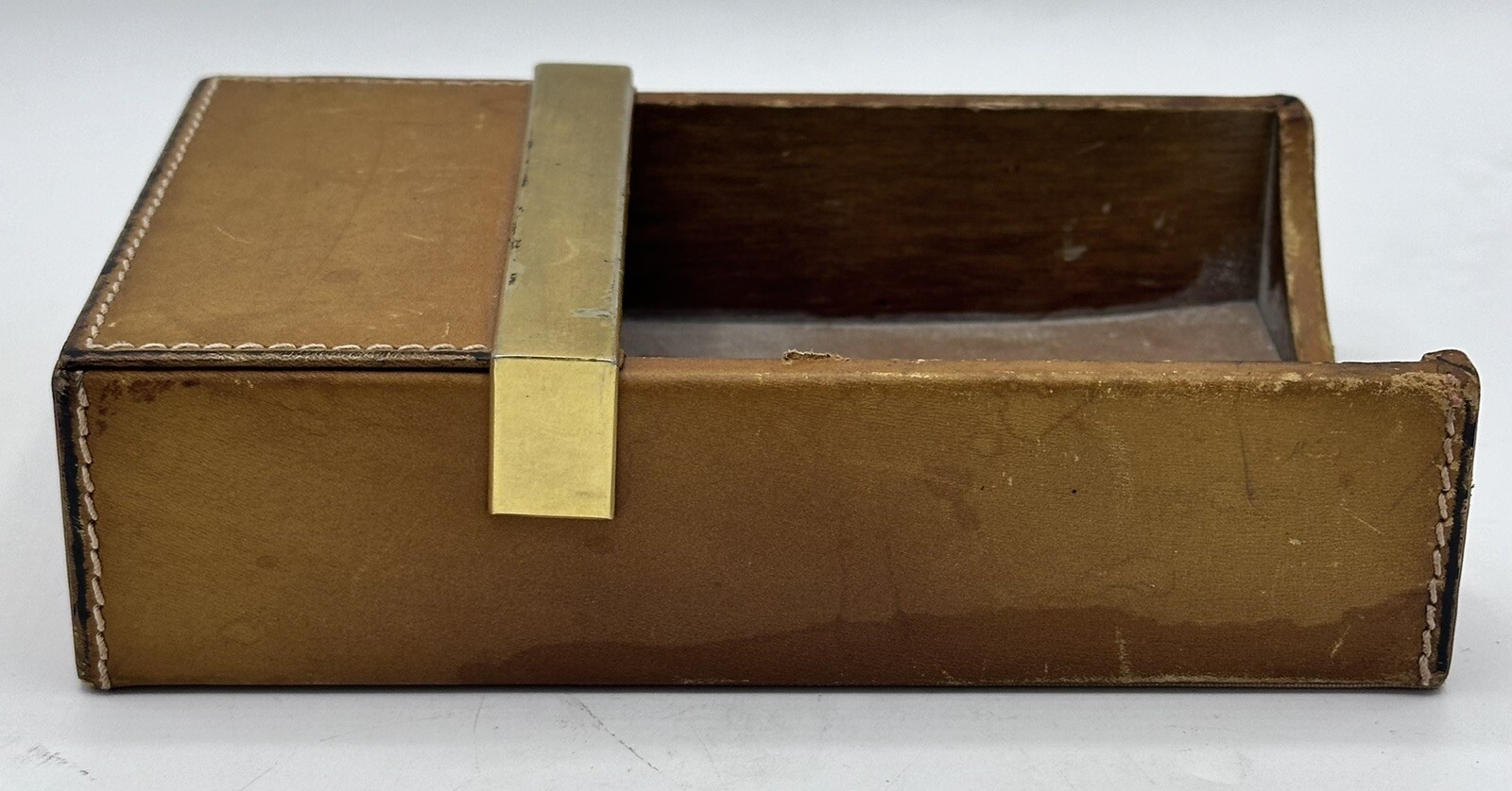 Vintage Mark Cross 4” x 6” Memo Sheet Desk Tray Box Leather & Brass Made Italy