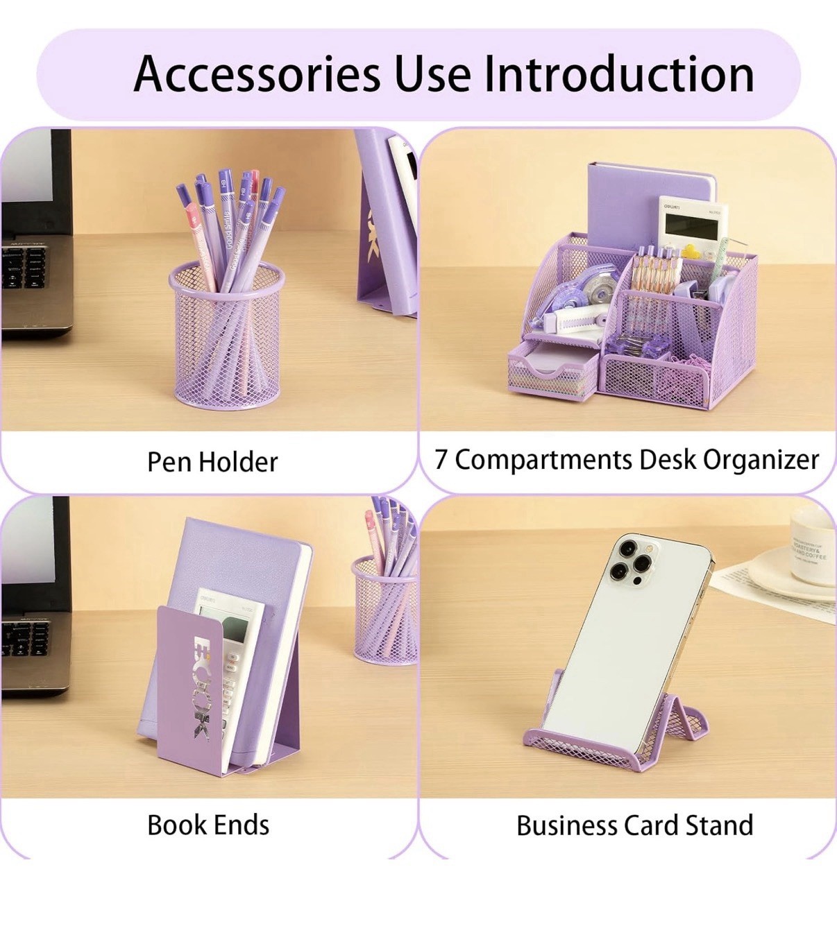 4 Piece Purple Mesh Desk Organizer 7 Slot Pen Holder Card Bookend Office Set !!