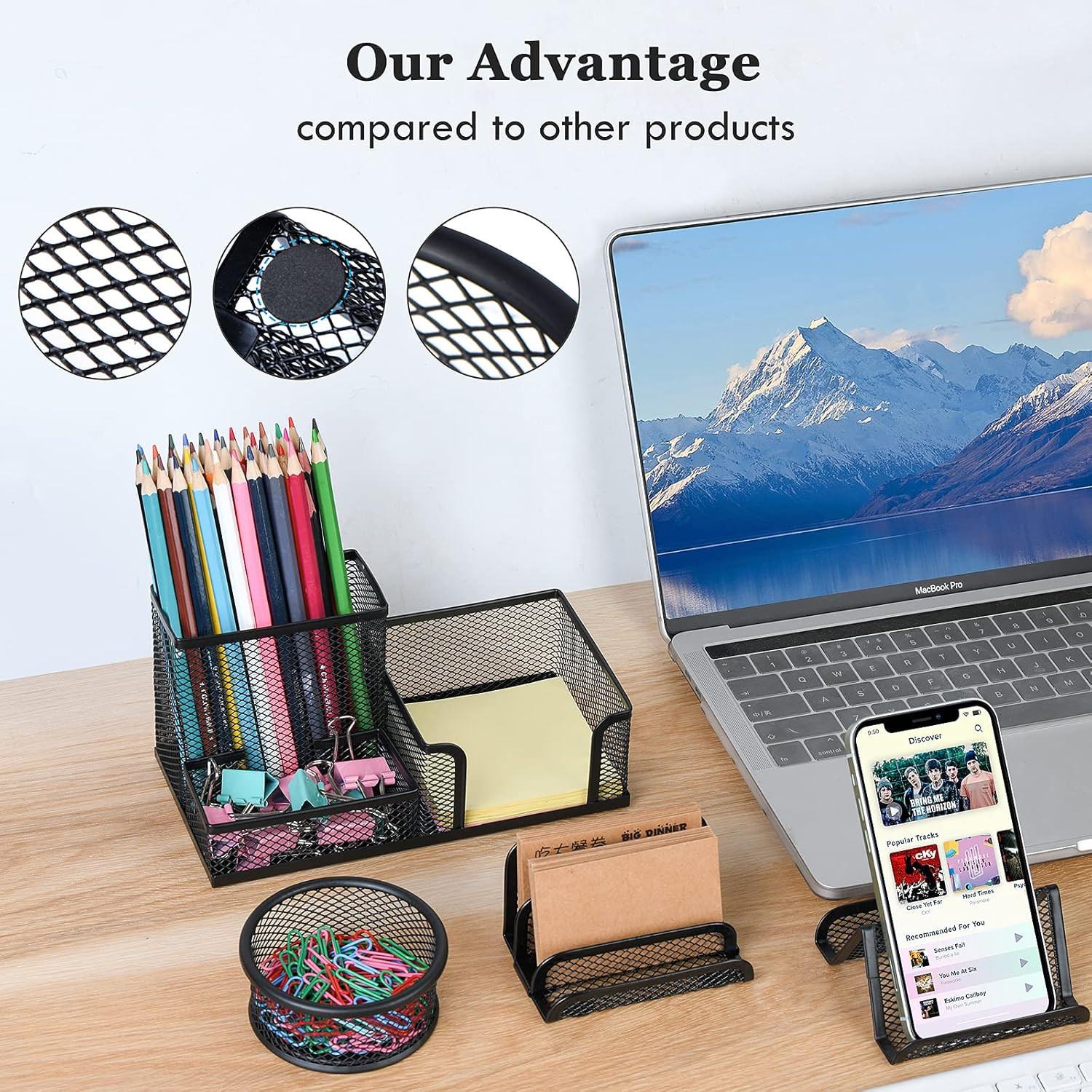 Desk Organizers Set with Mesh Pen Holder Cup, 3 Compartments Black Office