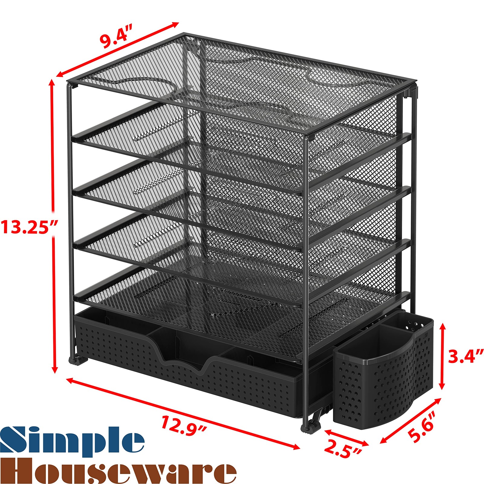 5-Tier Document File Tray with Sliding Drawer and Pen Bucket, Black
