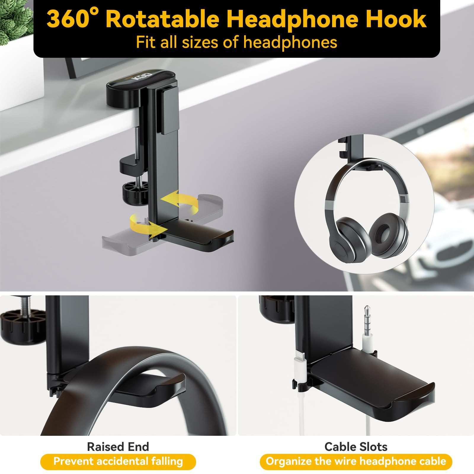 4 in 1 Desk Cup Holder – Clamp on Under Desk Headphone Hanger – Rotating Head…