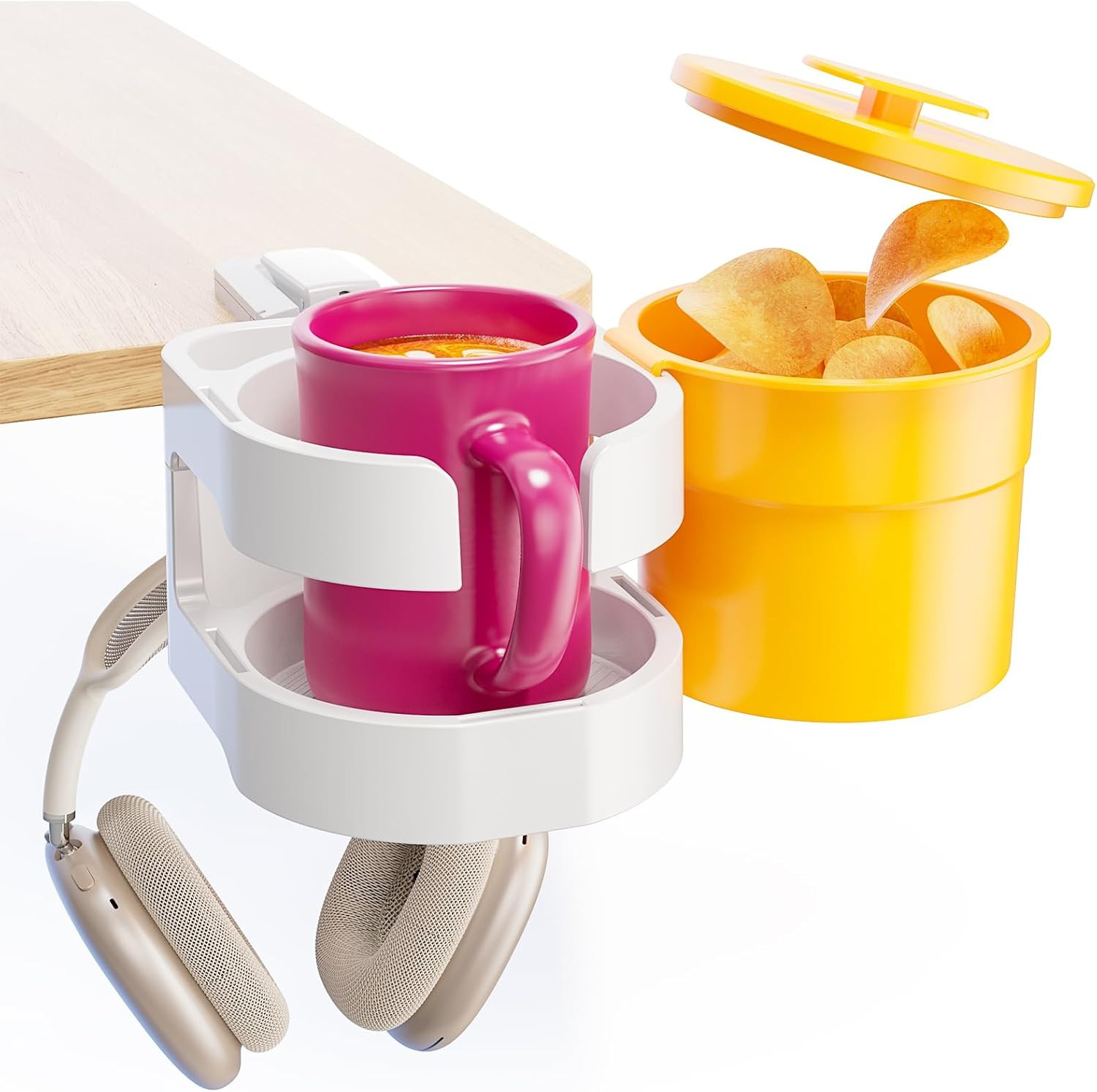 7-In-1 Desk Organizer with Cup Holder, Snack Bucket & Phone Stand – White