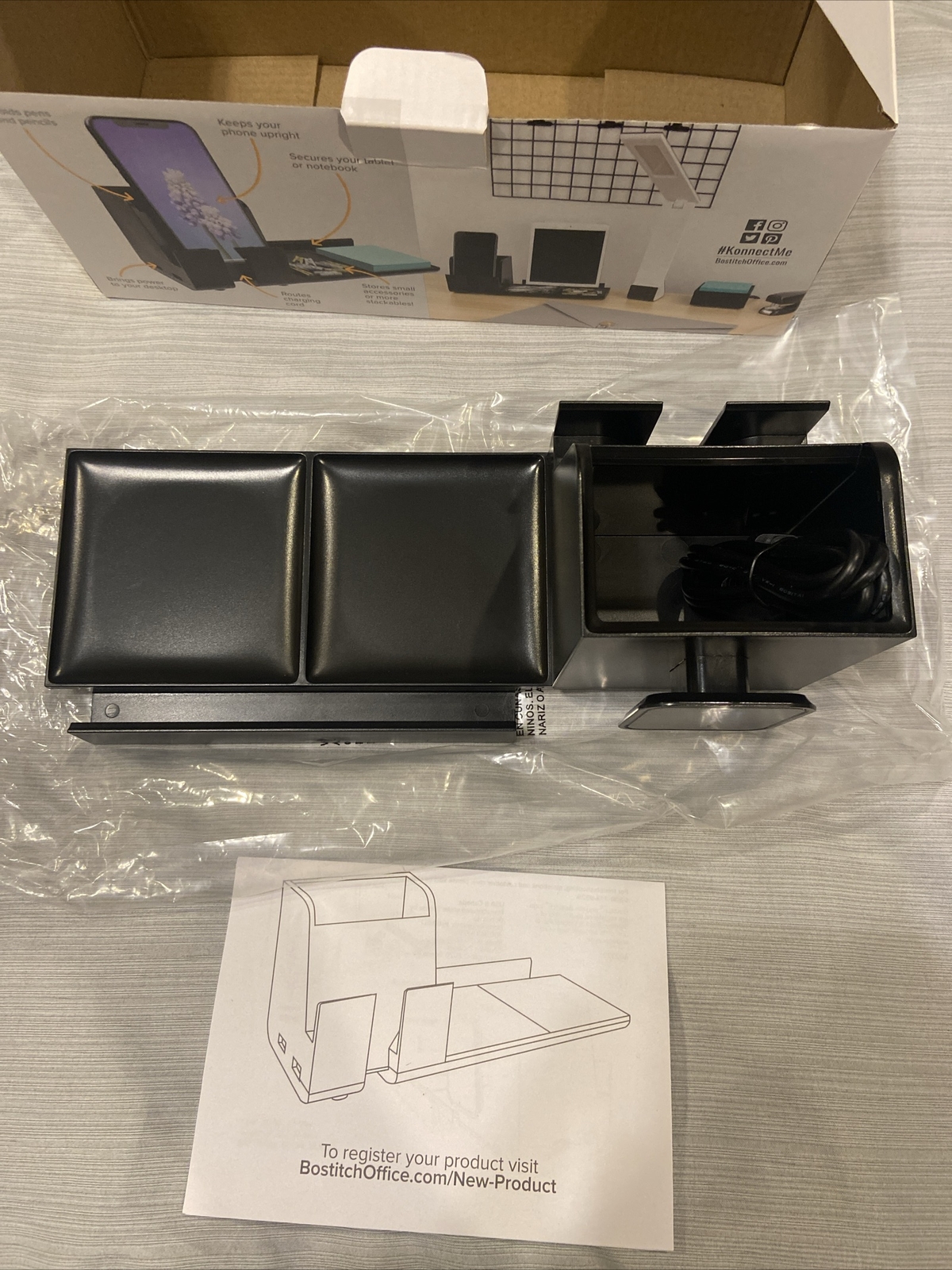 Bostitch Office Konnect Desk Organizer Power Base, Black Plastic, Dual USB Ports