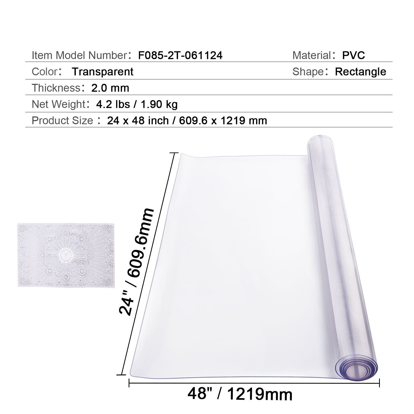 Plastic Table Cover, 24 x 48 Inch 2.0 mm Thick Clear Table Protector, Rectangle