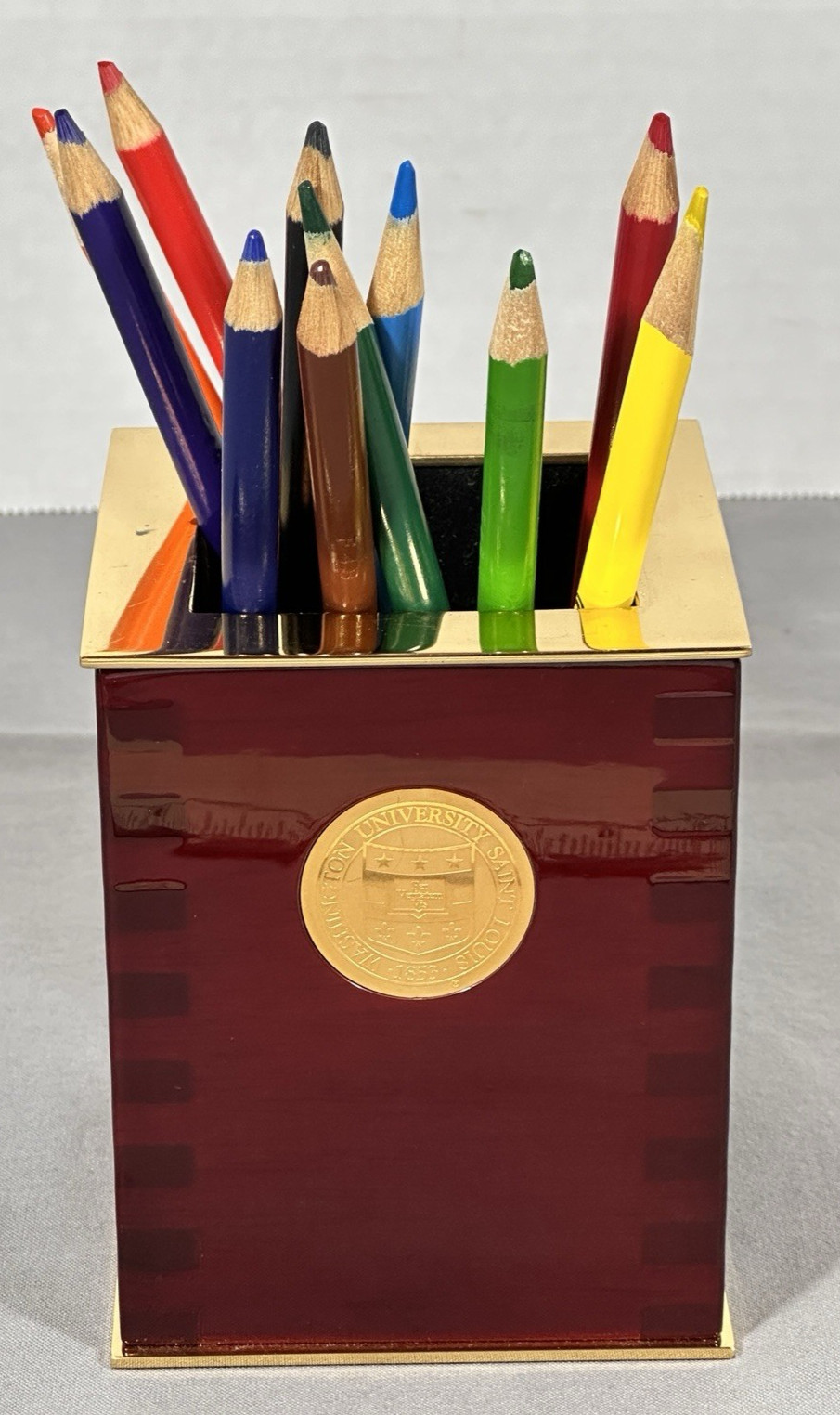 Washington University St Louis Desk Pencil Holder Wood Brass Tone Office Cup
