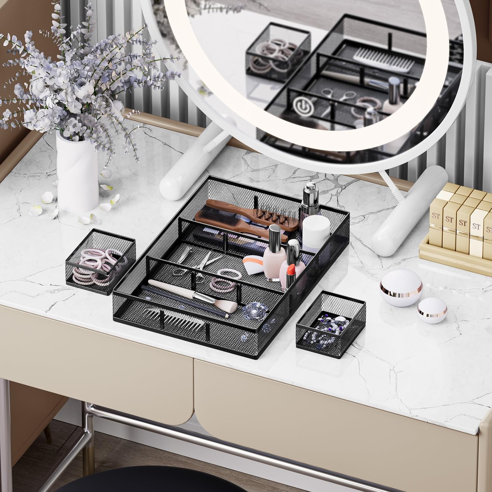 Metal Mesh Desk Drawer Organizers Tray 9 Compartment Pen Storage 3 PCS