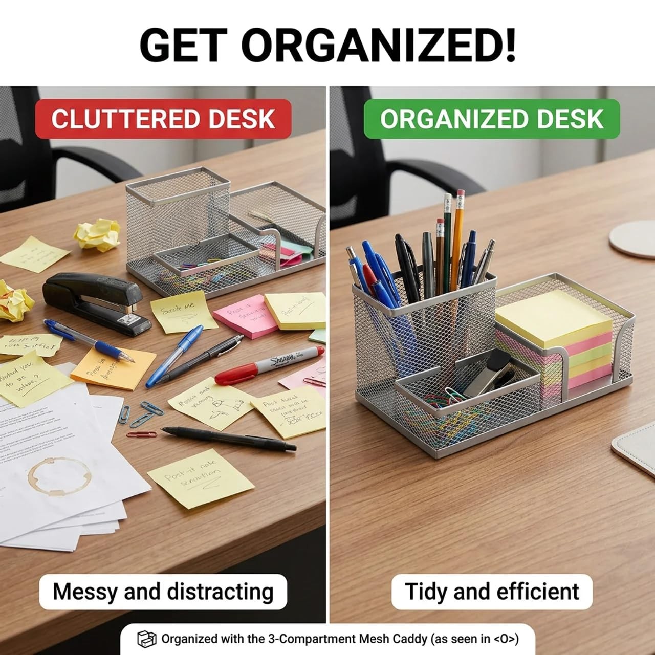Reflygen Office Grid Desktop Organizer,Three-Compartment Pencil Holder Silver
