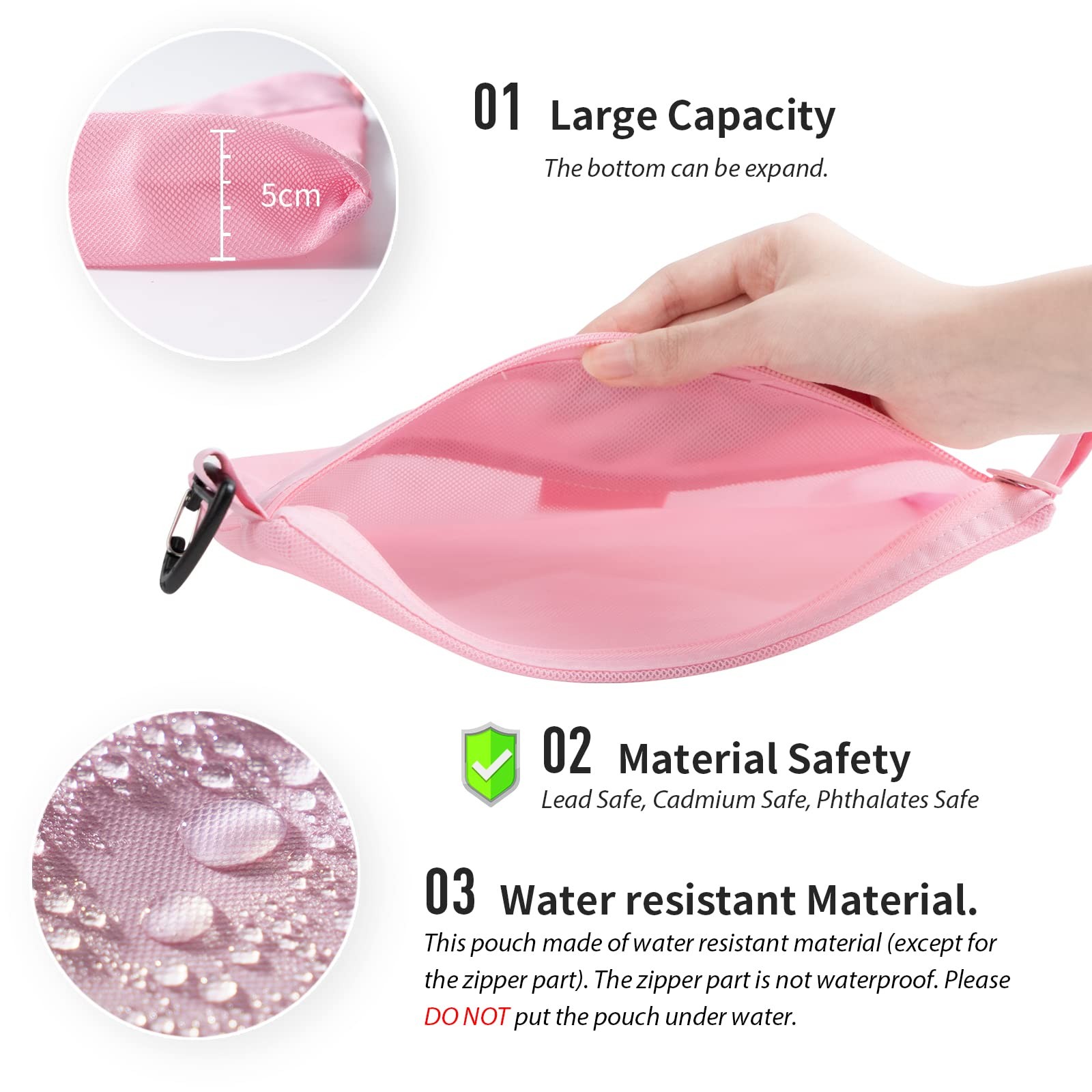 Water-Resistant Mesh Zipper Pouch Set 3 PCS Bags for Storage Travel Pink
