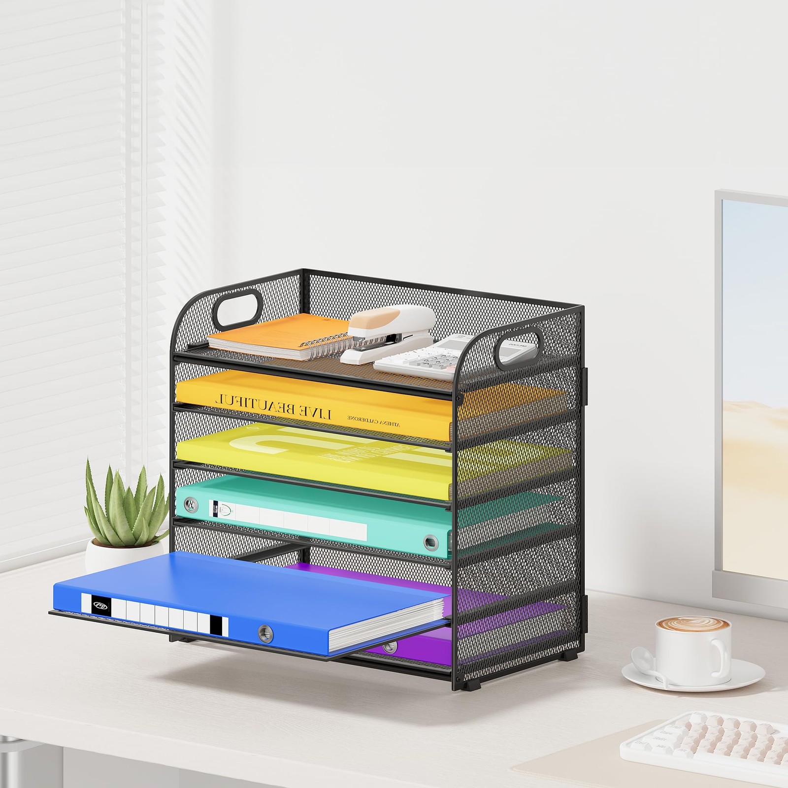 Cawukege 6 Tier Paper Organizer, Black Letter Tray with Handle, Mesh Desk Org…