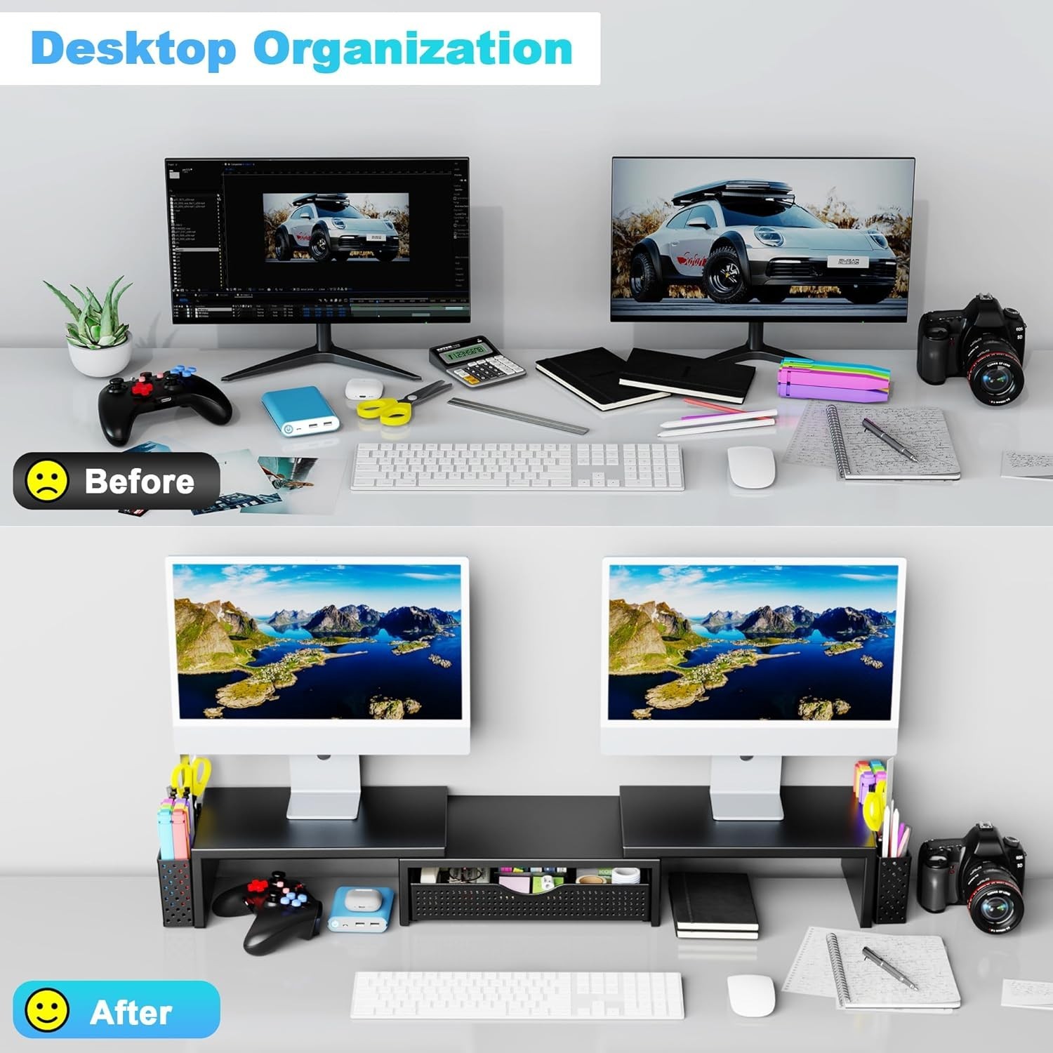 All-in-One Dual Monitor Stand Riser & Workspace Organizer – Black Metal Design