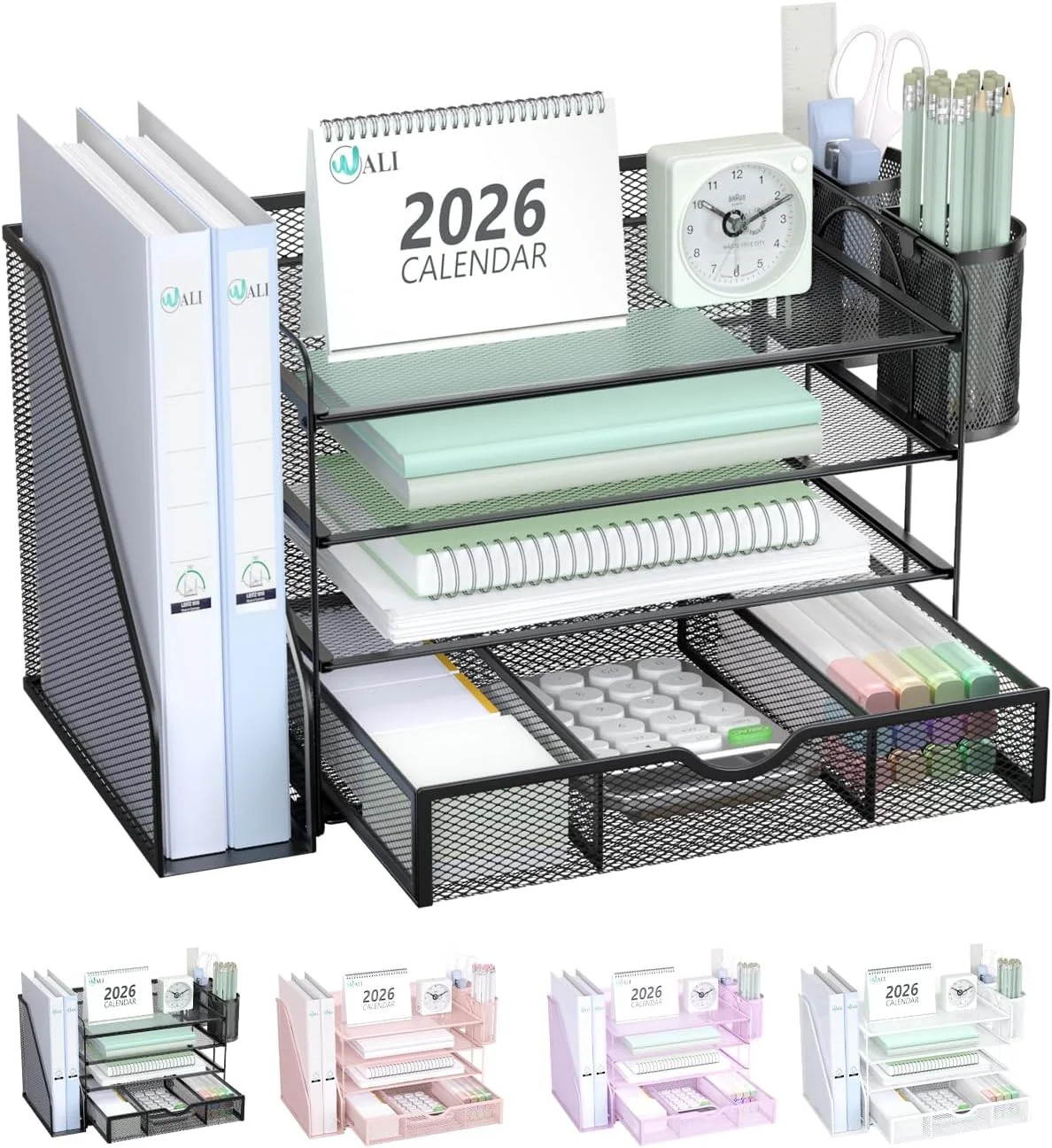 WALI Desk File Organizer, 4 Tier Desktop Paper Letter Tray Organizer with Drawer
