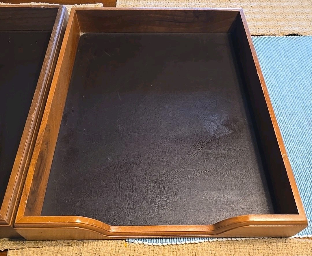 Vtg 1980s Eldon Woodline 2500 Wood/leather Paper Trays