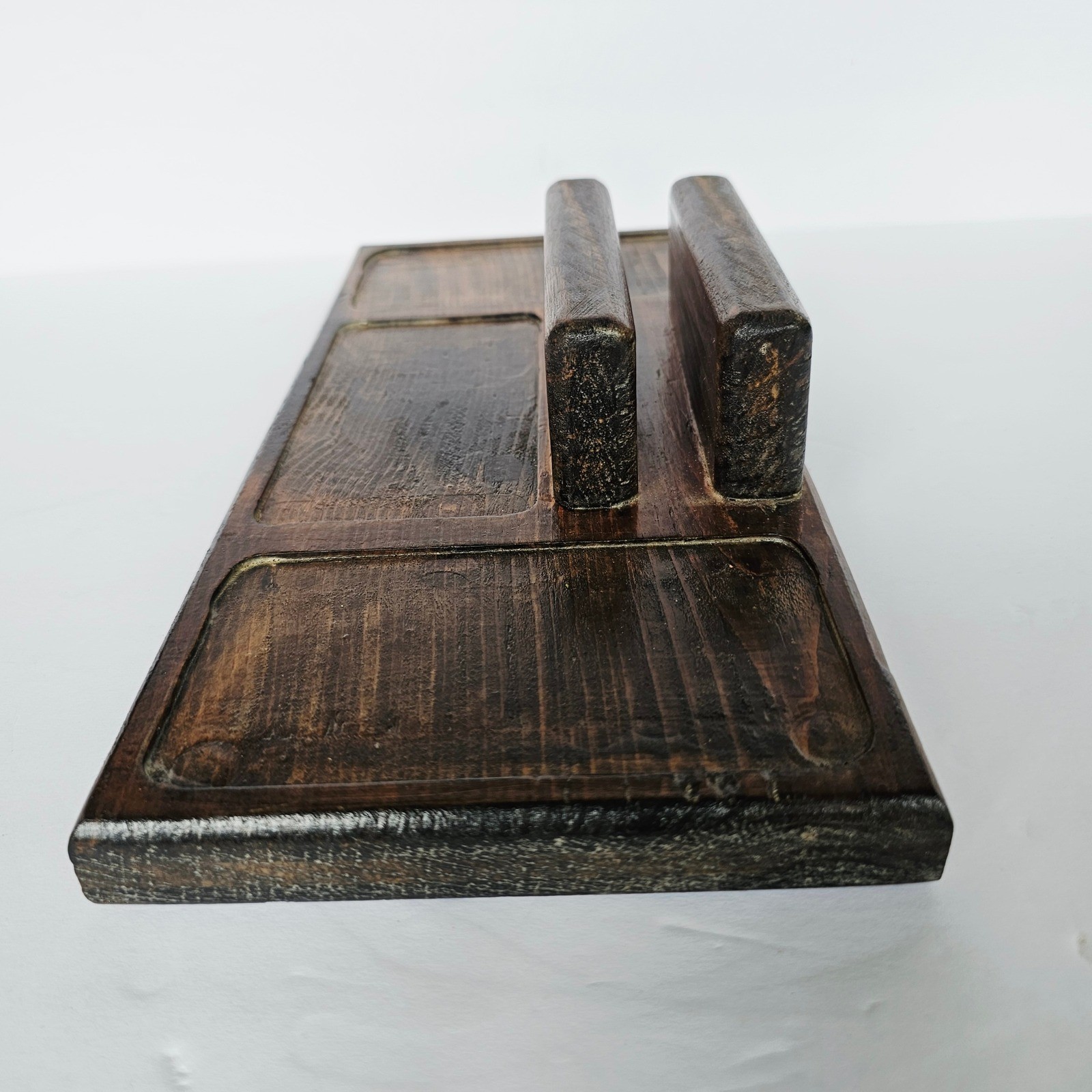 Vtg Handmade Wood Desk Organizer Mens Valet Tray Brown Rustic Farmhouse Catchall