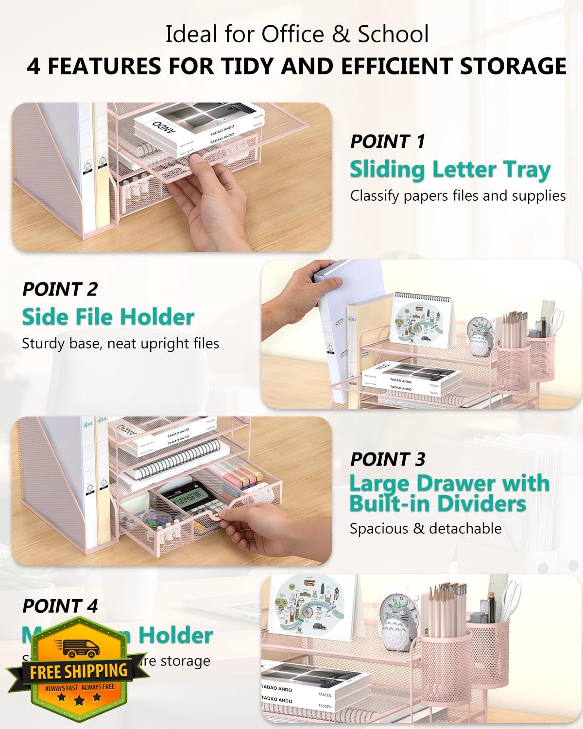 WALI Desk Organizer 4 Tier Pink 1 Pack