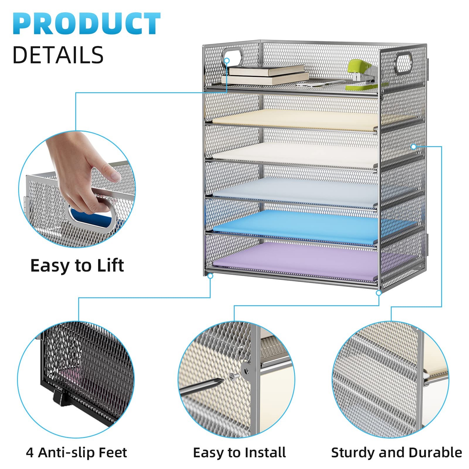 6Tier Mesh File Organizer with Handle, Letter/A4 Paper Tray Silver