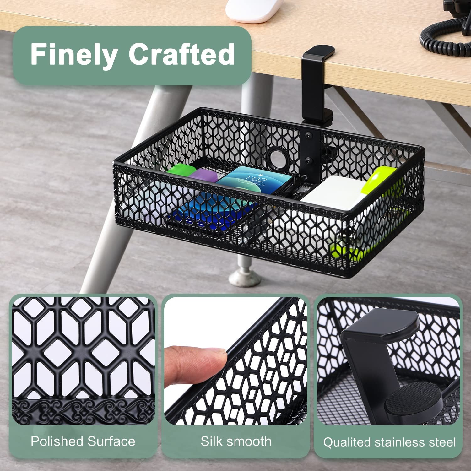Drawer Under Desk Storage Organizer Clamp On Basket Hanging Mount Tray Black