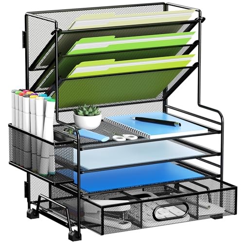 MINDEPOT 4-Tier Desk Organizer with File Holder, Drawer & Pen Holders – Black