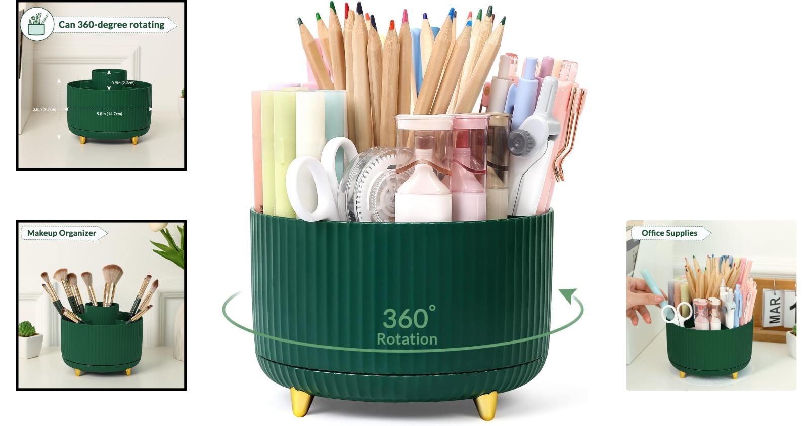 Dark Green 5-Compartment Rotating Desk Organizer for Office & Art Supplies